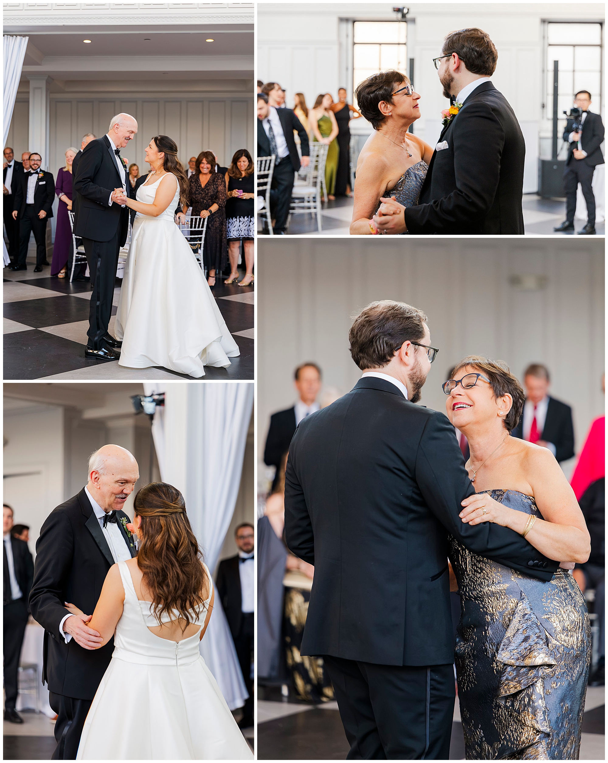 A collage of felina wedding dance moments: a bride dances with her father, and a groom dances with his mother. Elegant guests look on, and all appear joyful in a bright, formal venue.