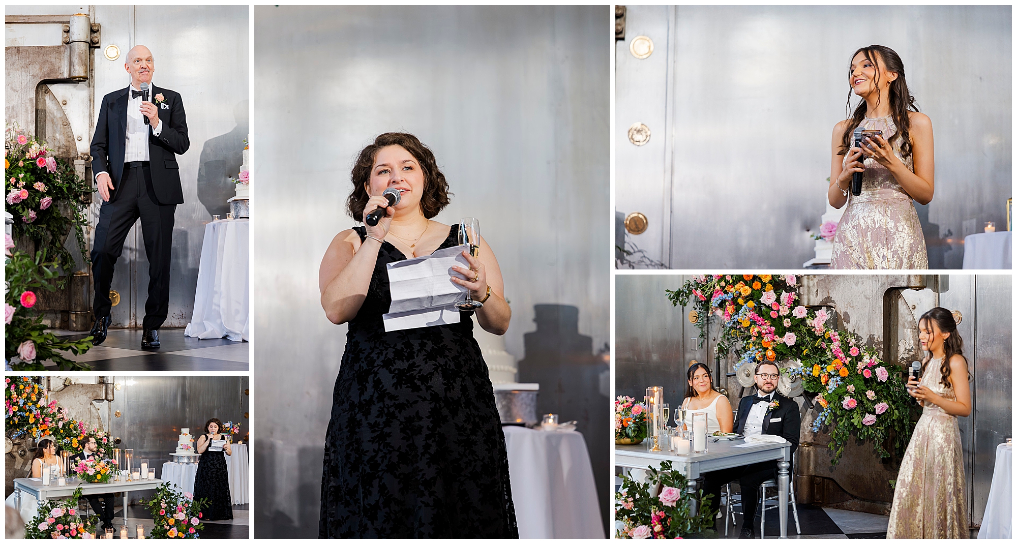 A collage of felina wedding reception speeches features speakers holding microphones and notes, with a seated bride and groom at a flower-adorned table, set against an industrial-style backdrop.