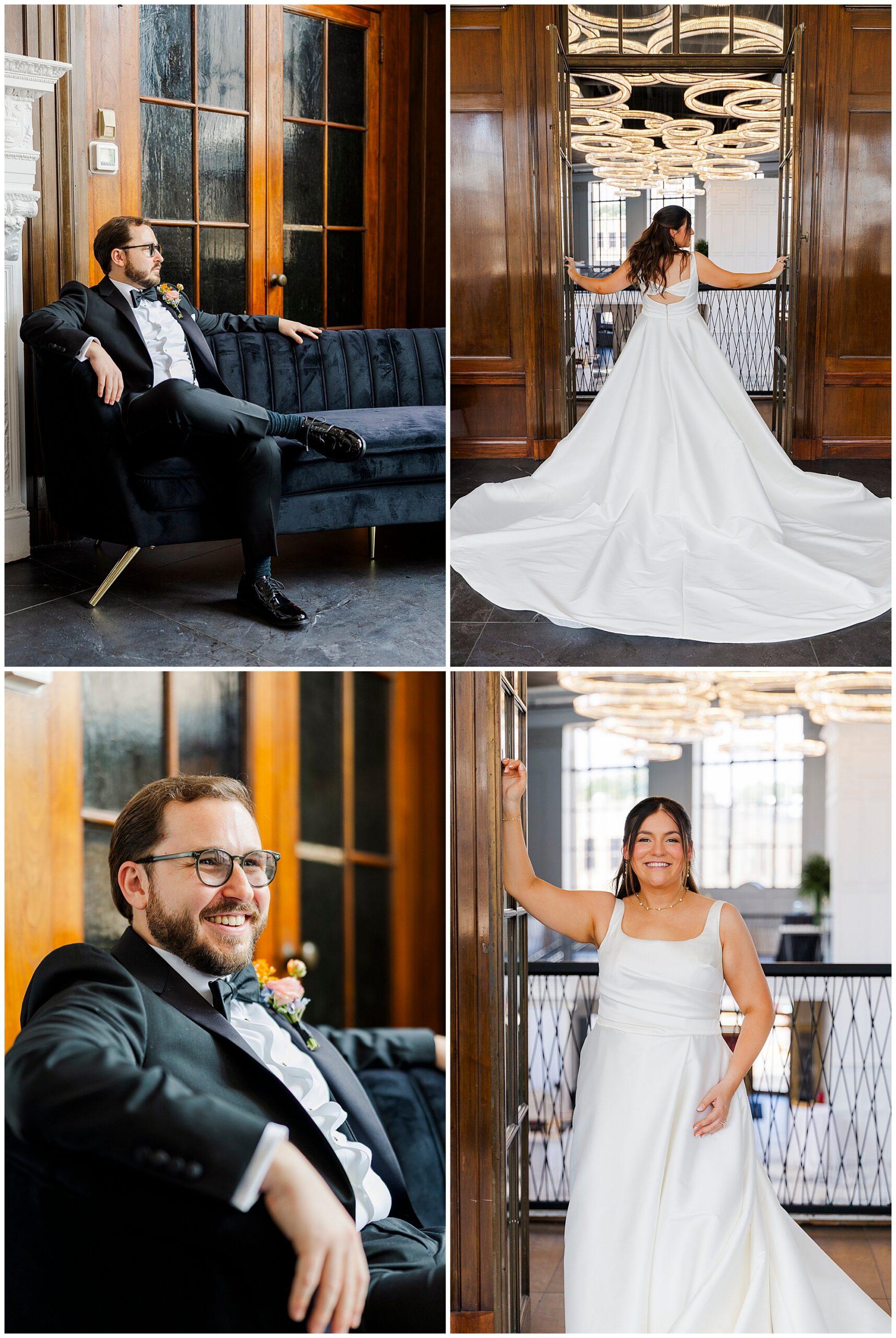 A groom in a tuxedo sits on a black couch, and a bride in a white gown poses indoors during their Felina wedding. Close-up shots show them smiling separately in elegant, warmly lit rooms.