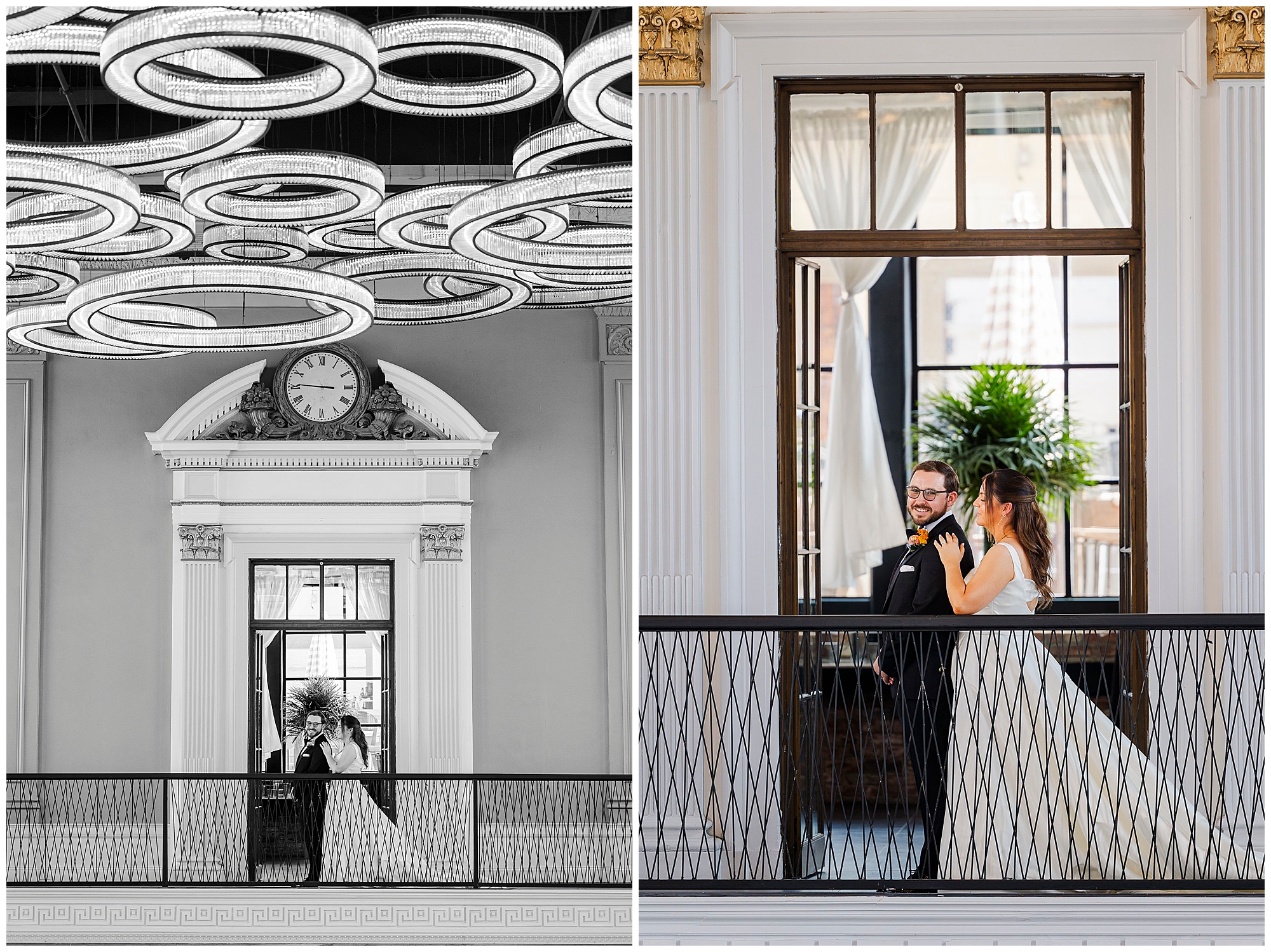 Split image: Left shows a couple kissing beneath ornate lights and a large clock. Right shows them smiling on a balcony indoors, with windows, plants, and cityscape in the background. Both are dressed in elegant felina wedding attire.