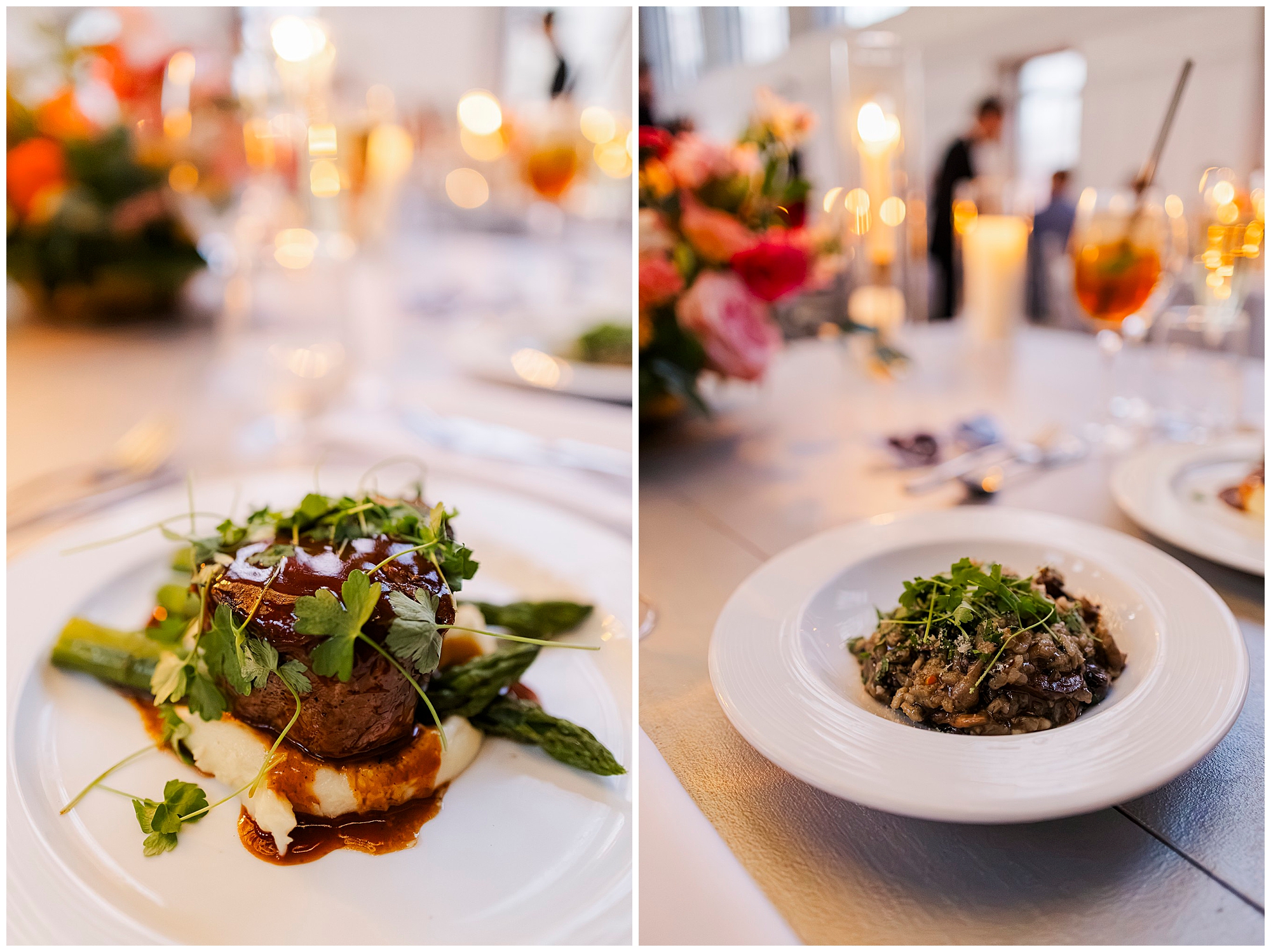 Two elegant, warmly lit plates of food on a table set for a Felina wedding: one with steak, mashed potatoes, asparagus, and greens; the other with creamy risotto topped with herbs. Candles and floral arrangements decorate the background.