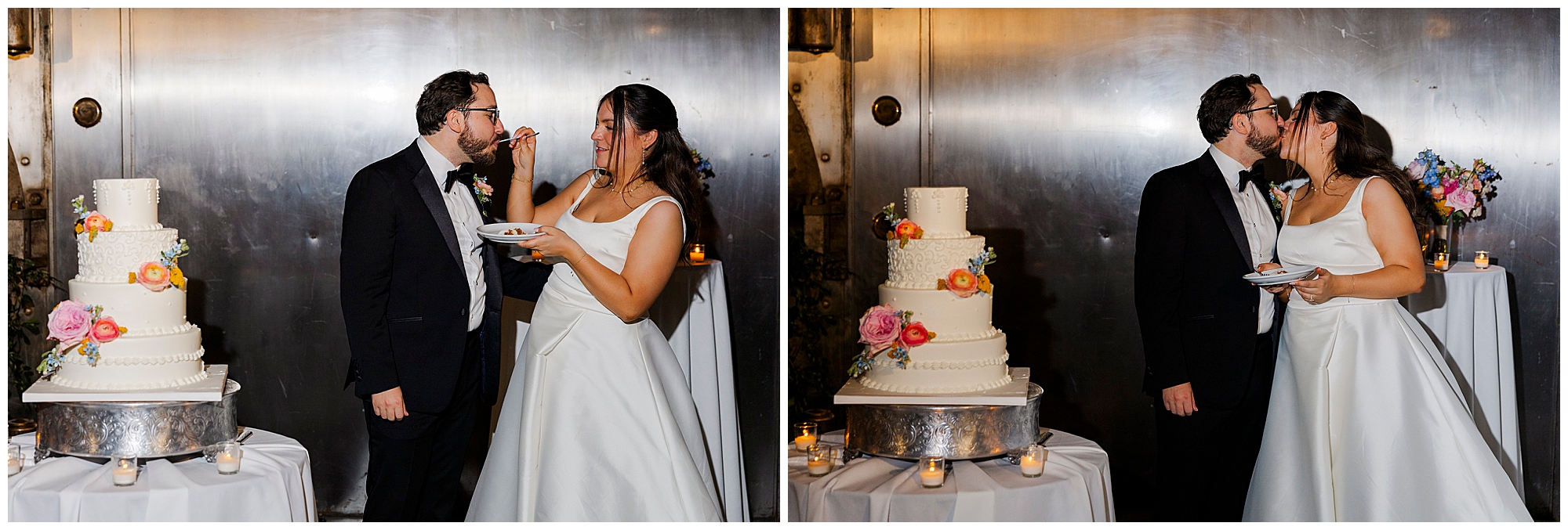 A bride and groom stand beside a beautifully decorated wedding cake at their Felina wedding. In the left image, the bride feeds the groom cake, capturing a tender moment. In the right image, they smile and prepare to kiss, holding a plate and fork as they celebrate their Felina wedding surrounded by floral accents on the cake.