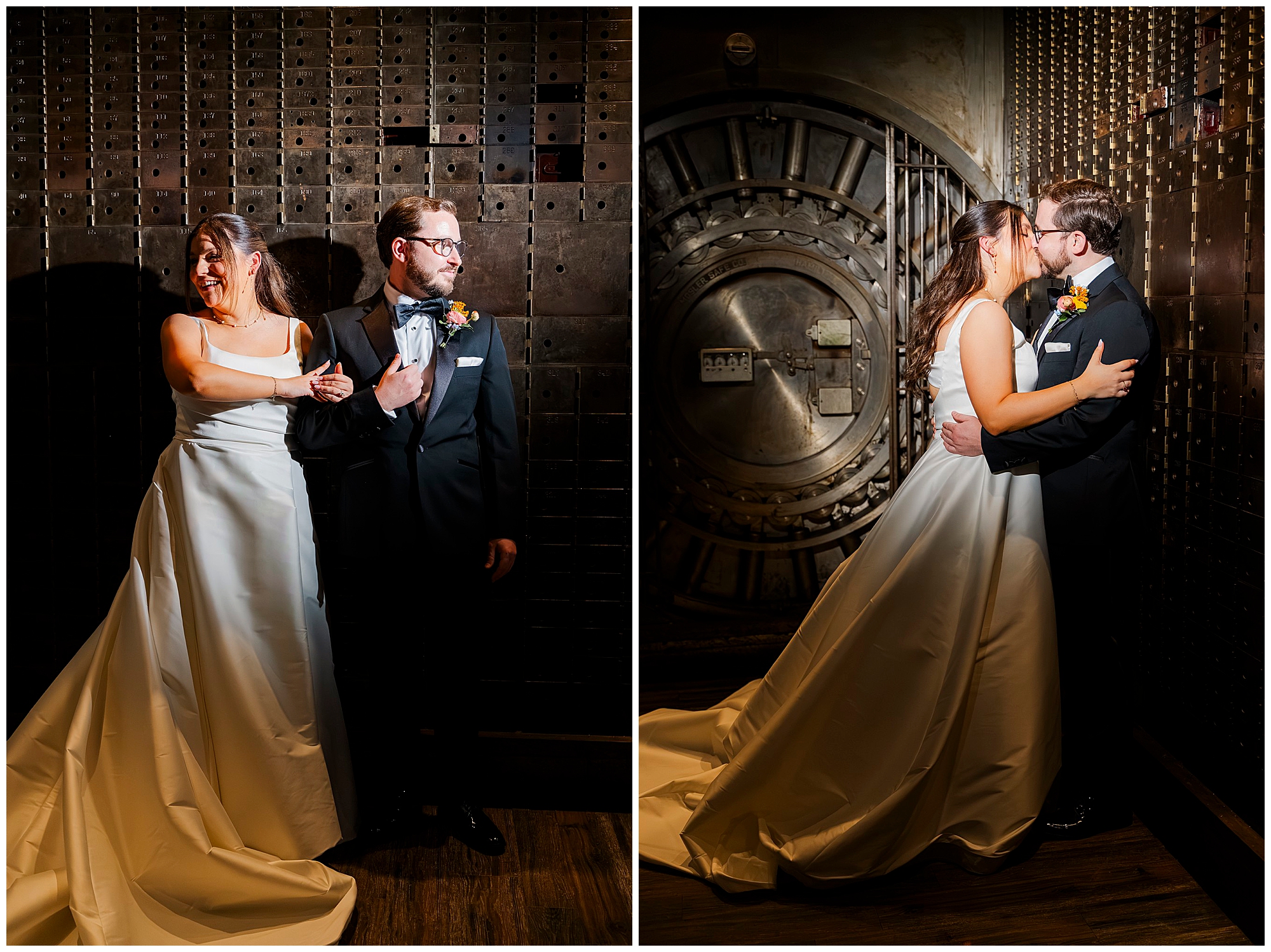Two photos: A joyful felina wedding moment as a bride playfully pulls her smiling groom’s arm in front of a metal vault door; in the second, they share a kiss, standing closely together, her white dress elegantly flowing on the floor.