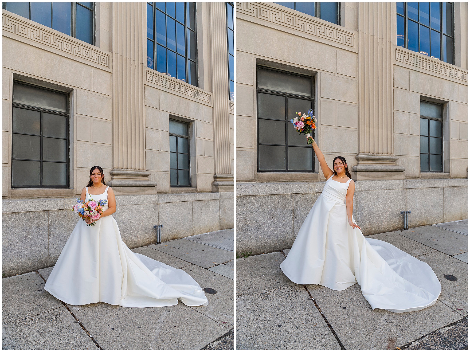 A bride in a white gown poses outside a stone building, holding a colorful bouquet in this stunning felina wedding shoot. In one image, she smiles calmly; in the other, she lifts the bouquet joyfully with one arm raised.