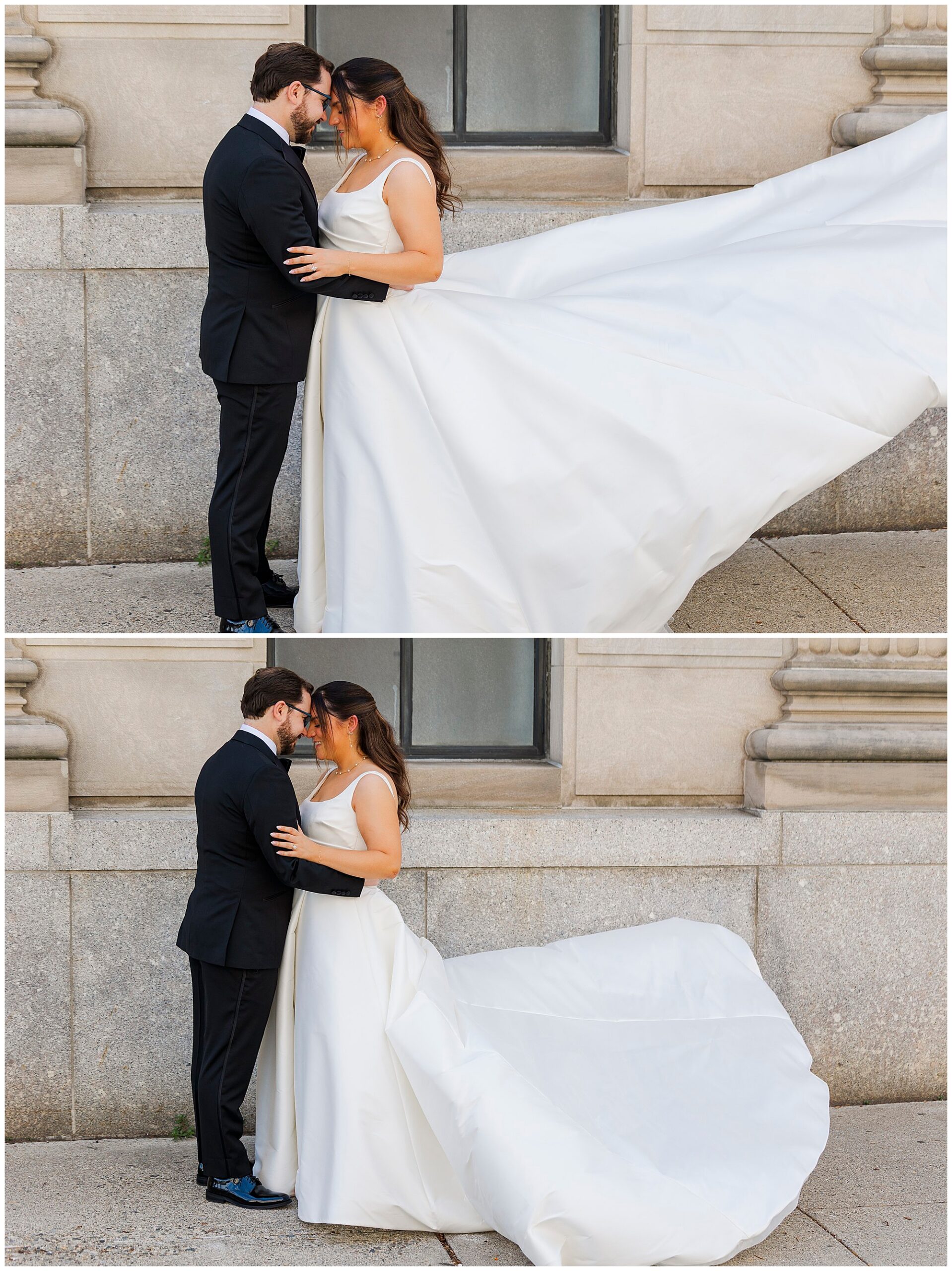 A bride in a white gown with a long train and a groom in a black suit stand close together outside, facing each other and touching foreheads in two different poses, capturing the romantic essence of a Felina wedding.