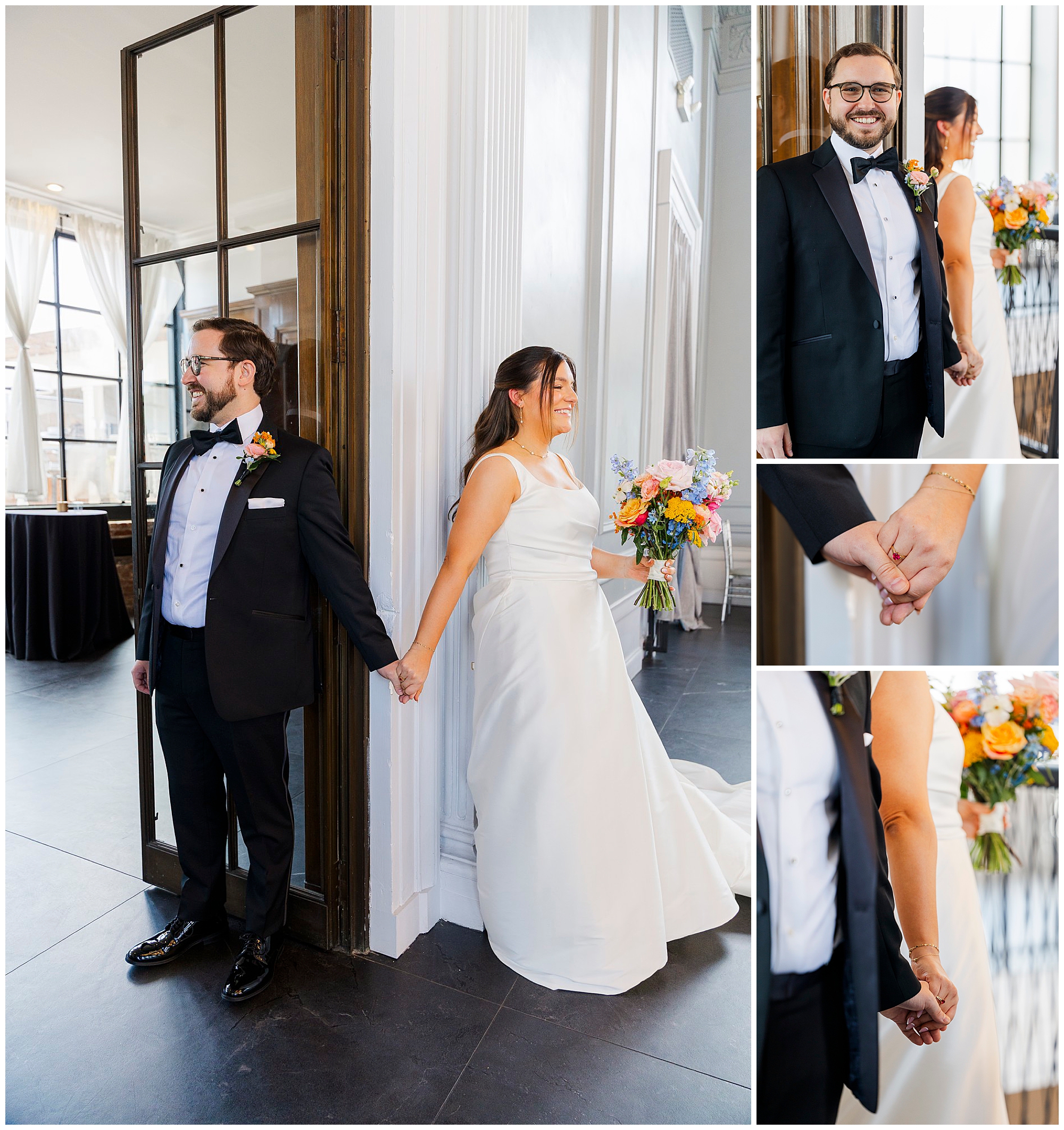 A bride and groom stand on opposite sides of a doorway at their felina wedding, holding hands but not seeing each other. She wears a white dress with a bouquet, he wears a black suit. Close-ups show their hands and happy expressions.