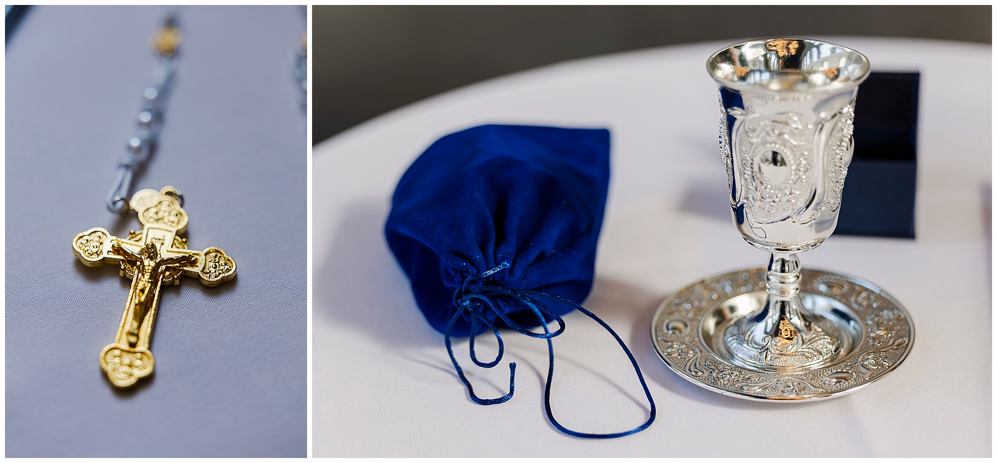 A gold cross necklace, a silver ornate cup with matching saucer, and a blue drawstring pouch are displayed on a white surface, capturing the timeless elegance of a Felina wedding.