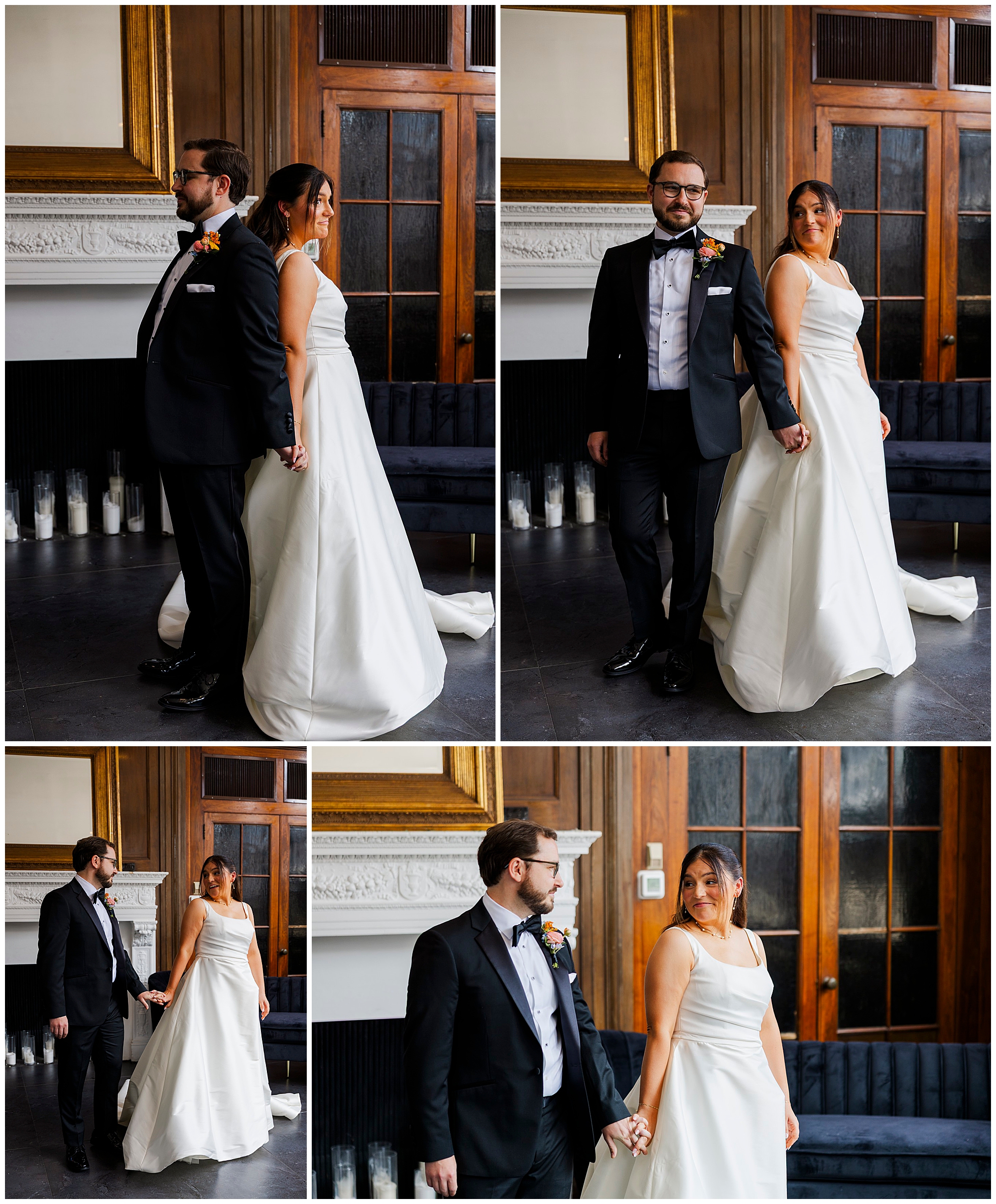 A bride in a white gown and a groom in a black tuxedo stand and walk together indoors, holding hands and sharing glances near a fireplace and wooden doors, capturing the timeless elegance of a felina wedding.