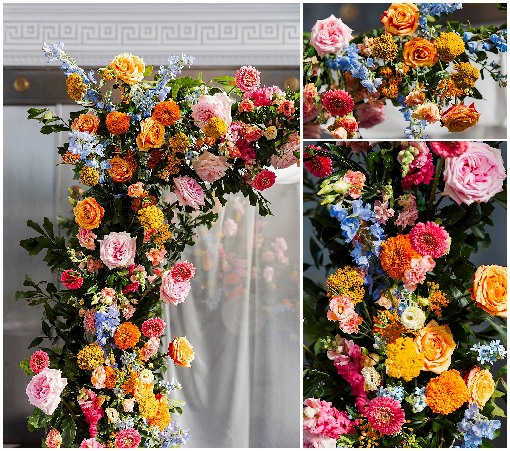 A floral arch with pink, orange, yellow, and blue flowers and green leaves stands indoors at a felina wedding; two close-up shots show colorful flower details.