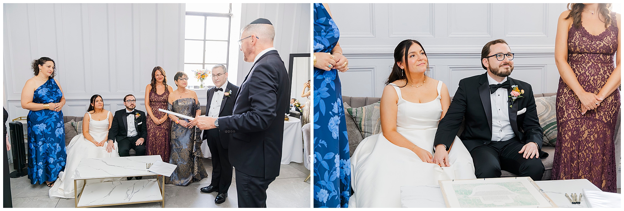 A bride and groom sit holding hands, surrounded by family in formal attire, during a stunning felina wedding ceremony in a bright room with white walls and large windows.