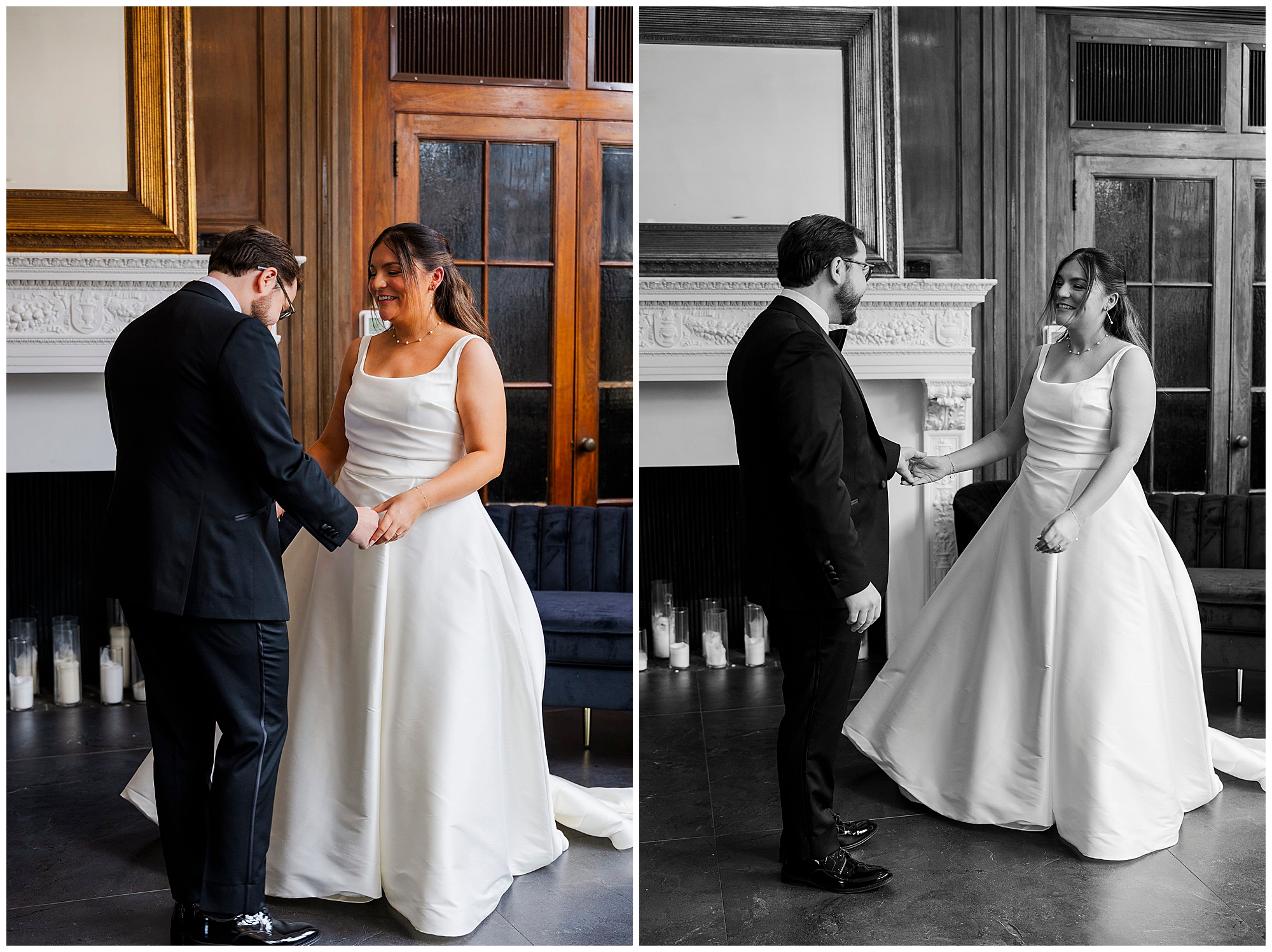 A bride and groom stand indoors at their Felina wedding, holding hands and smiling at each other; the left image is in color, and the right image is in black and white.