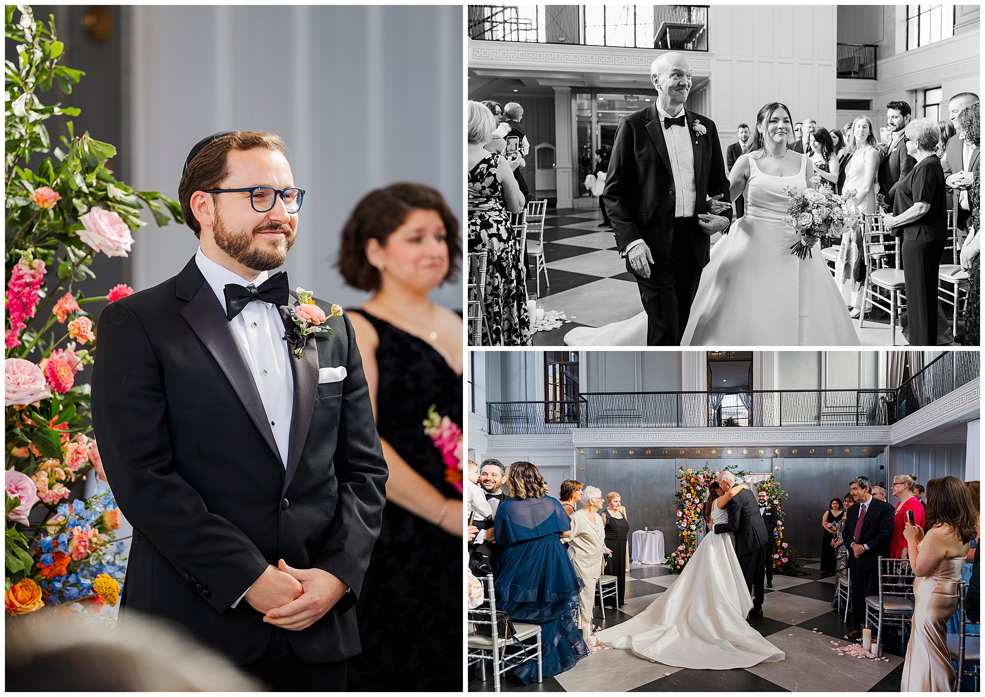 A felina wedding collage: Left, the groom stands smiling. Top right, a bride walks down the aisle with an older man. Bottom right, the couple kisses at the altar, surrounded by guests and colorful floral arrangements.