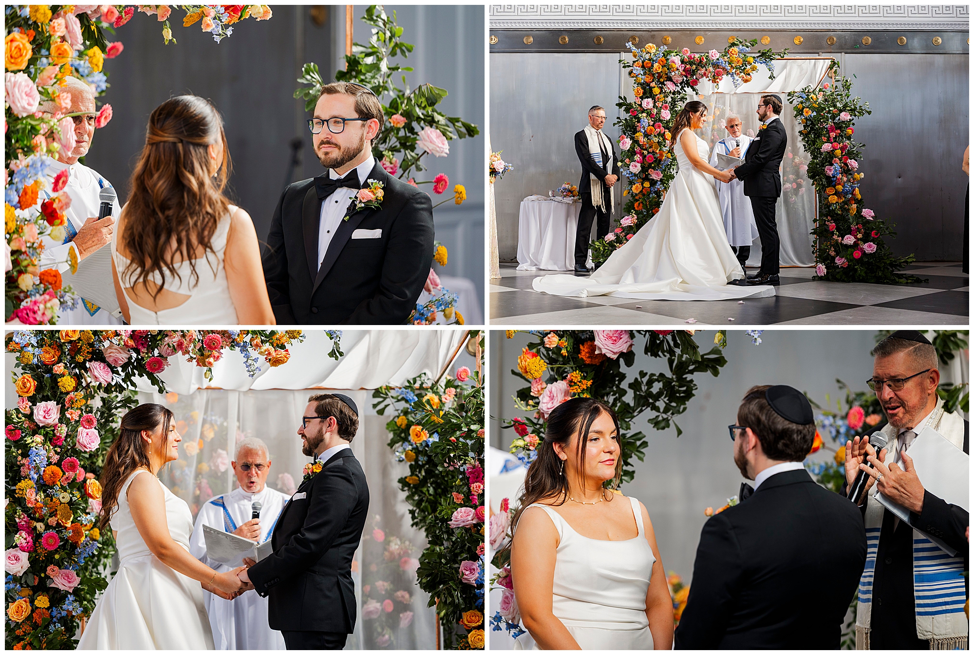 A bride and groom stand under a colorful floral chuppah during their Felina wedding ceremony, exchanging vows and holding hands, with an officiant present.
