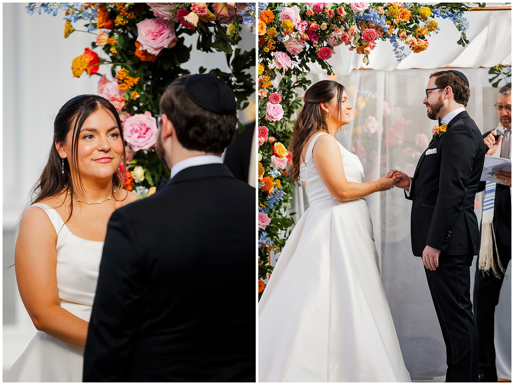 A bride and groom exchange vows under a colorful floral archway during their felina wedding ceremony, both smiling and holding hands.