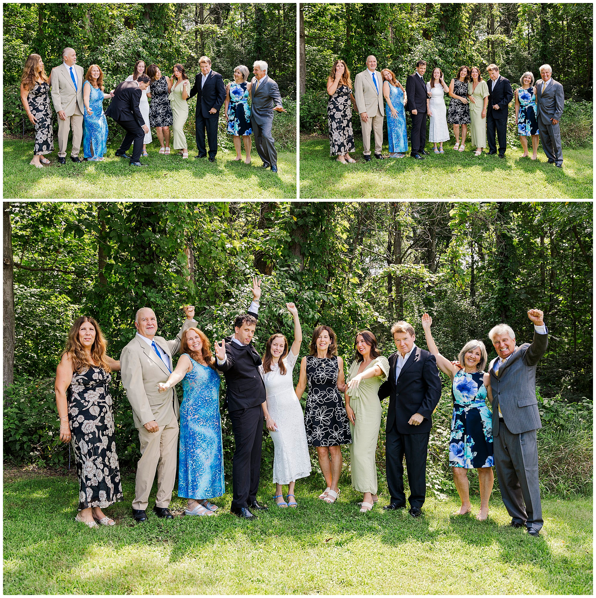 A group of eight adults poses outdoors on grass, surrounded by trees. In each photo, they smile, laugh, and raise their arms, dressed in formal and summery attire, celebrating together in the sunlight after a joyful Wappingers Falls Town Hall Elopement.