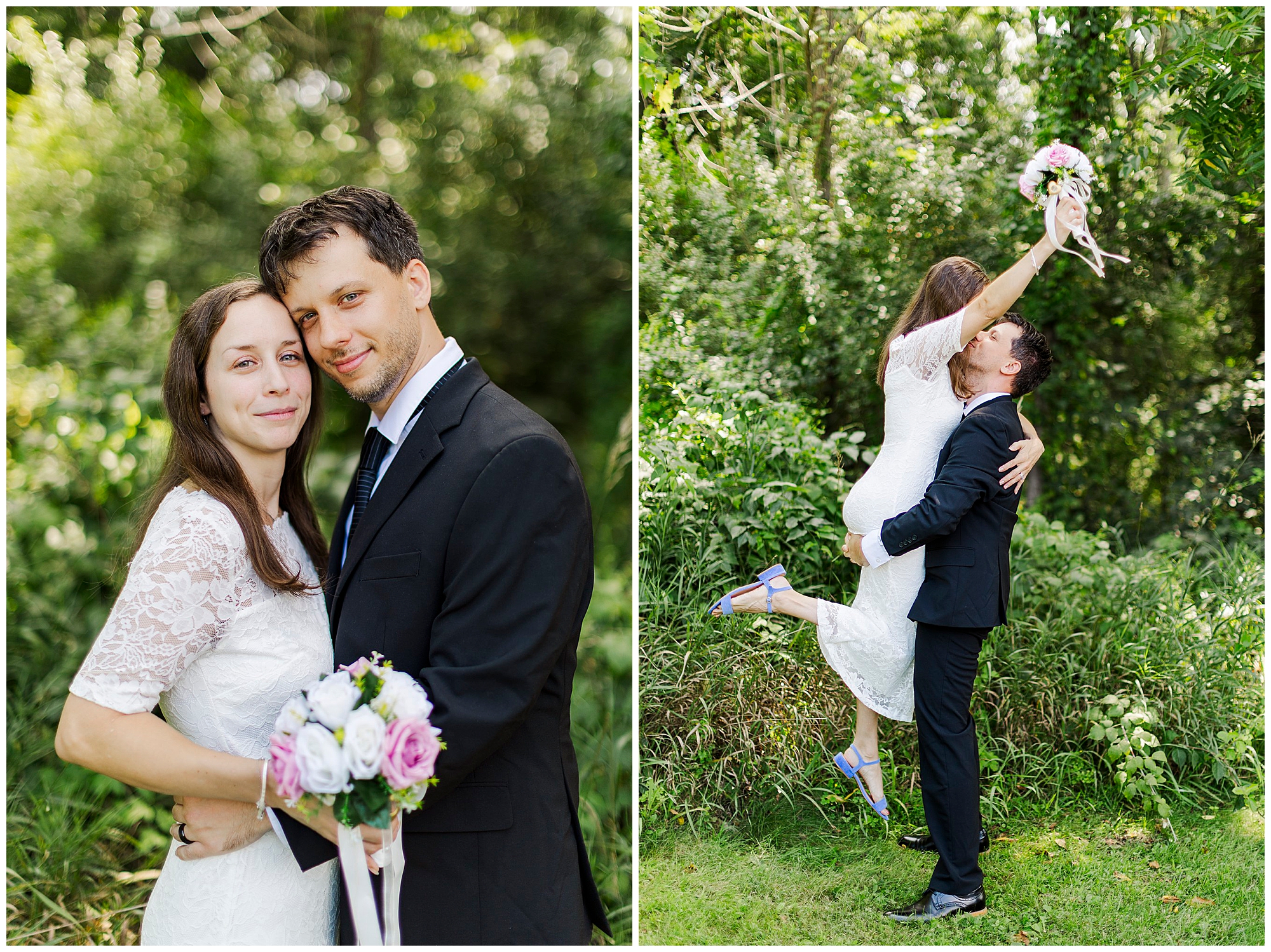 A bride in a white dress and a groom in a black suit embrace in a lush, green outdoor setting, capturing the excitement of their Wappingers Falls Town Hall Elopement. In one photo, he lifts her as she raises a bouquet of flowers, both smiling joyfully.