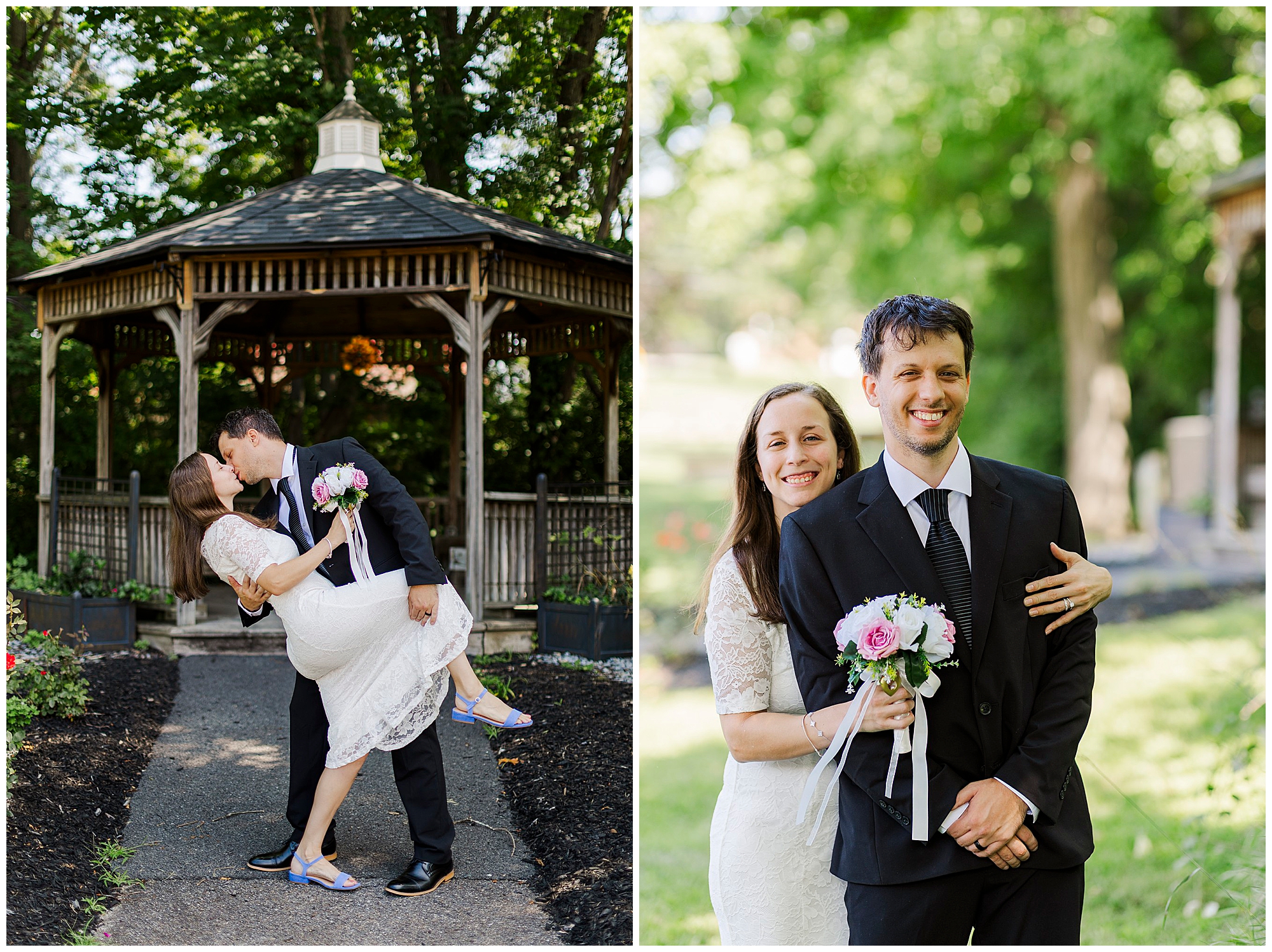 Two wedding photos: left, a groom dips and kisses his bride in front of a gazebo; right, the smiling bride stands behind the groom, holding a bouquet and hugging him outdoors after their Wappingers Falls Town Hall Elopement.