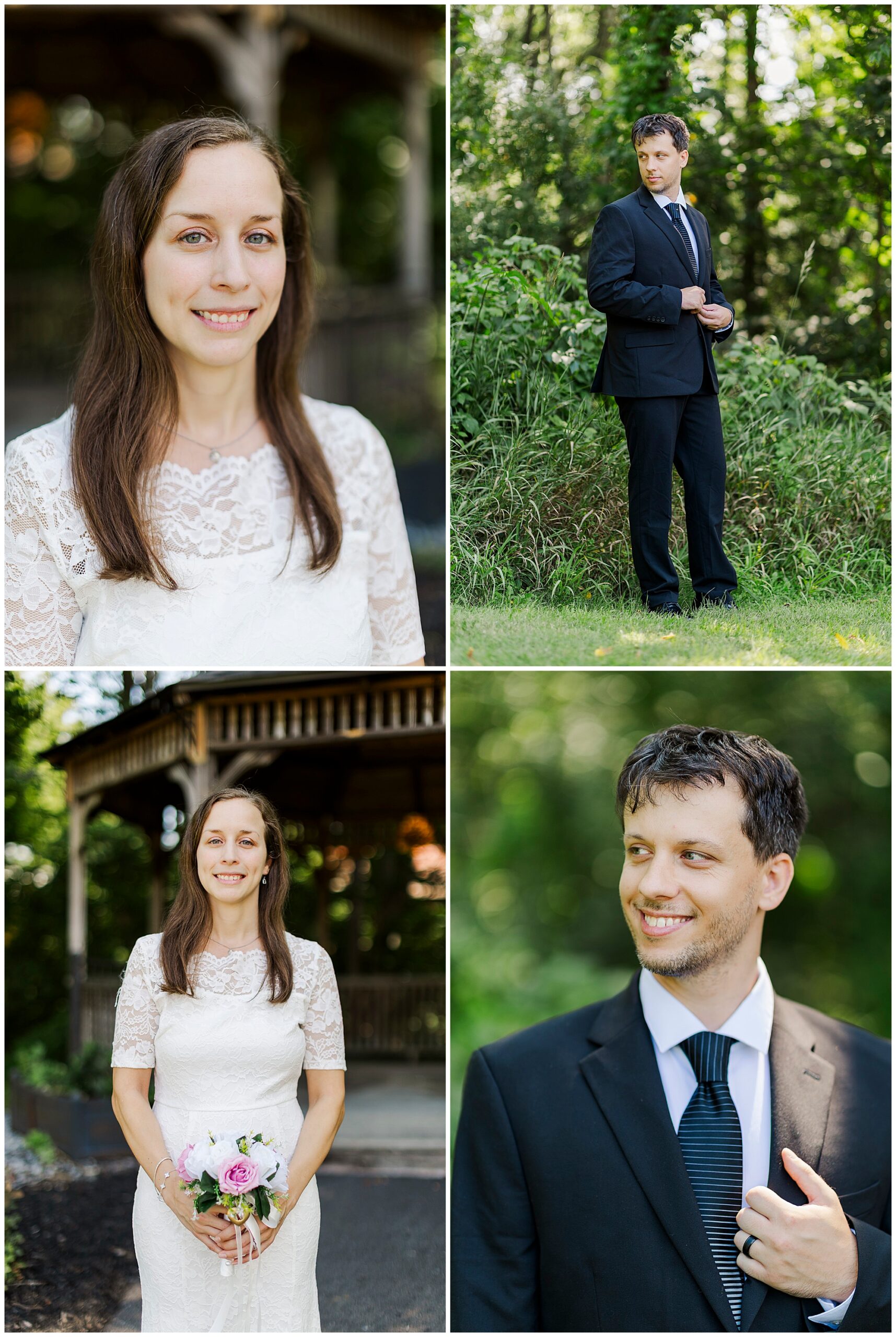 A collage of four wedding photos: a woman in a white dress, a man in a suit standing outdoors, the woman holding flowers, and the man smiling, all in a lush, green outdoor setting—capturing the intimate charm of their Wappingers Falls Town Hall Elopement.