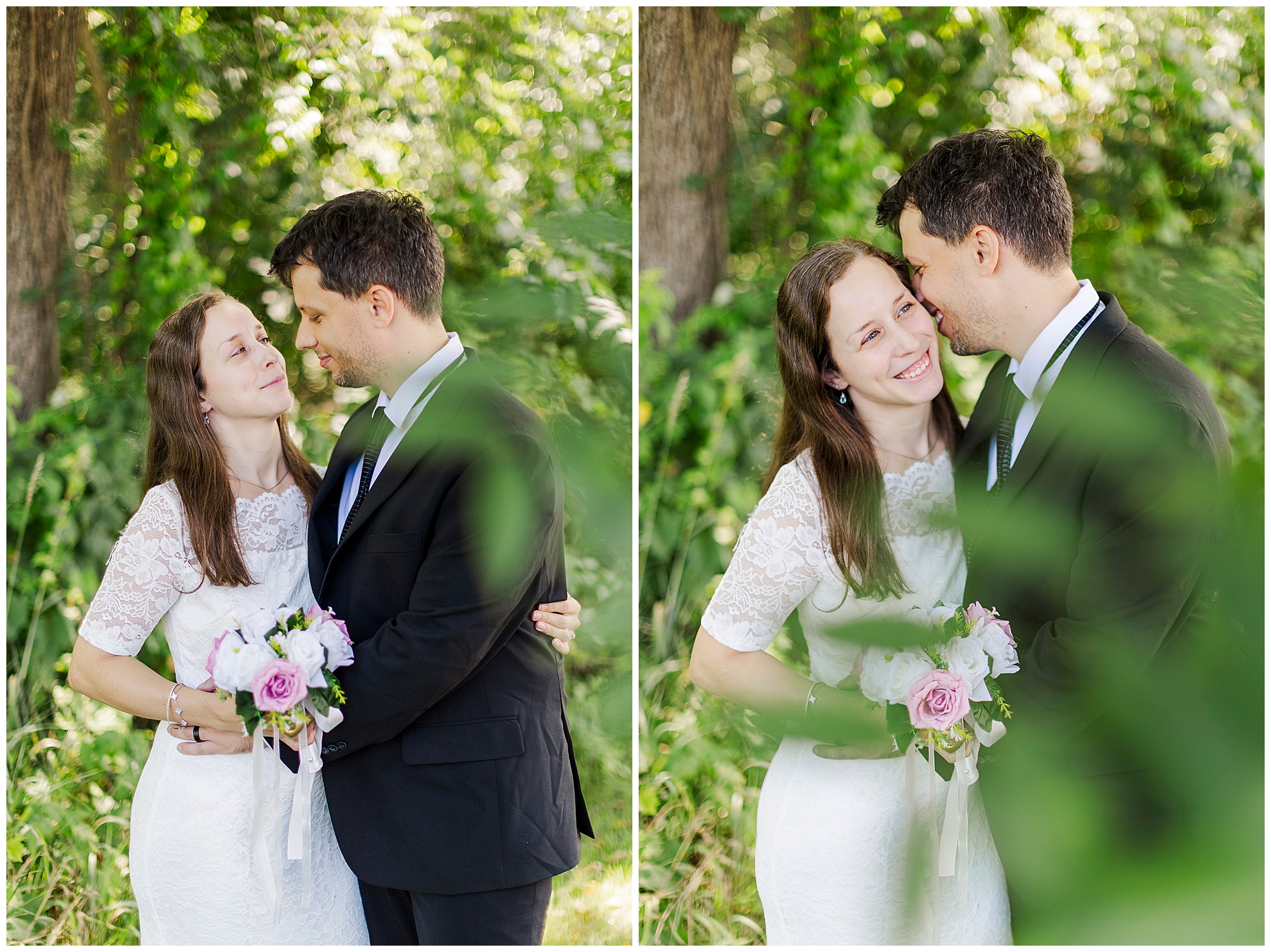A bride in a white dress and a groom in a black suit stand together outside, smiling lovingly at each other, surrounded by greenery and holding a bouquet of flowers after their intimate Wappingers Falls Town Hall elopement.