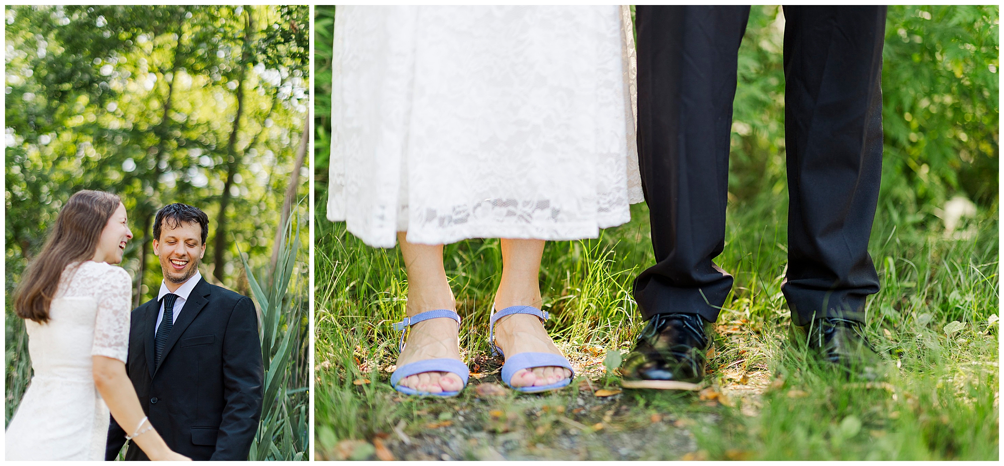 A couple stands outdoors in formal attire at their Wappingers Falls Town Hall elopement; the left image shows them smiling, while the right shows just their legs and feet, with the woman in purple sandals and the man in black shoes.