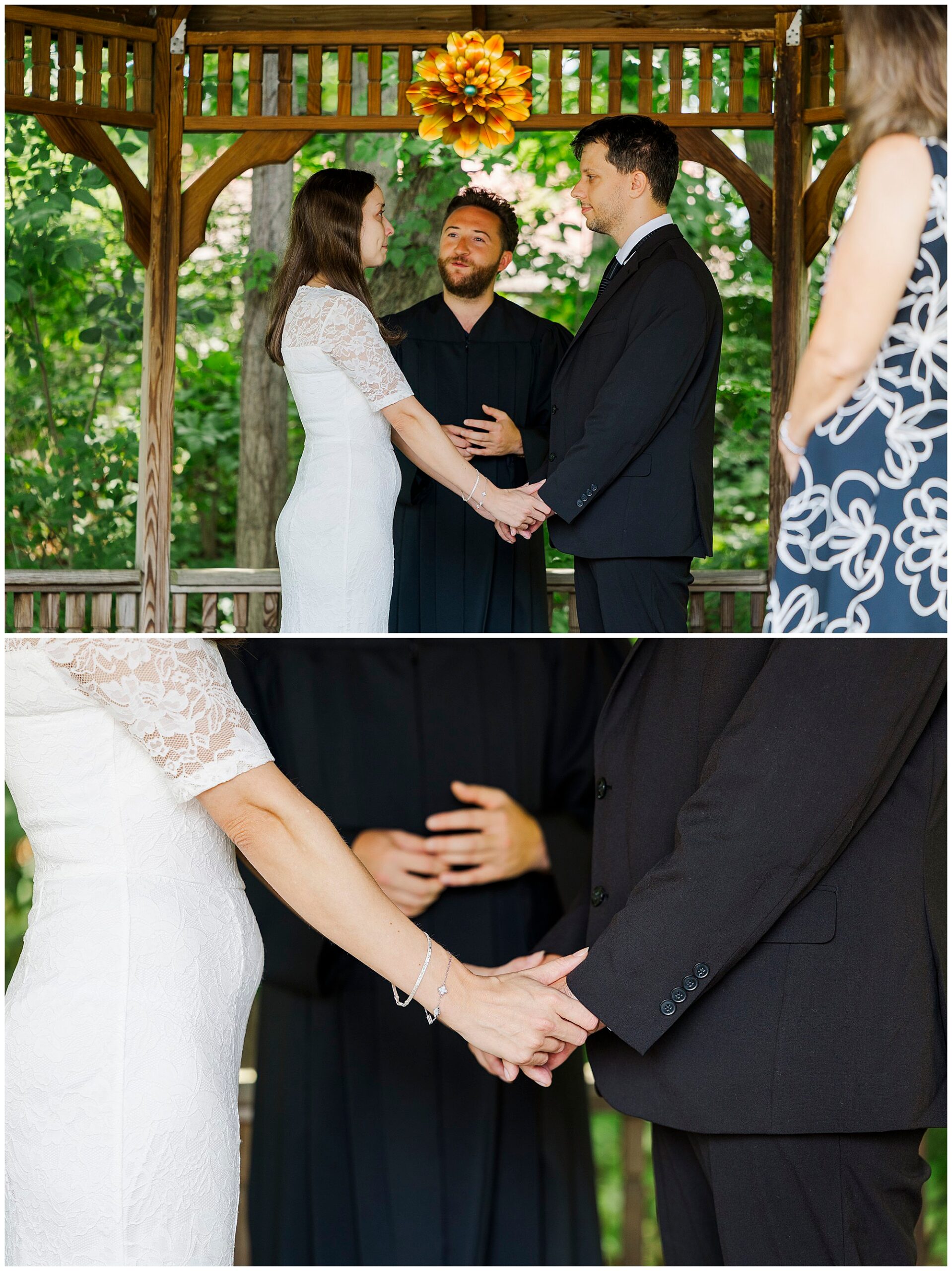 A couple in formal attire holds hands during an outdoor wedding ceremony under a gazebo, with an officiant standing between them—a scene reminiscent of an intimate Wappingers Falls Town Hall Elopement. The lower image shows a close-up of their joined hands.