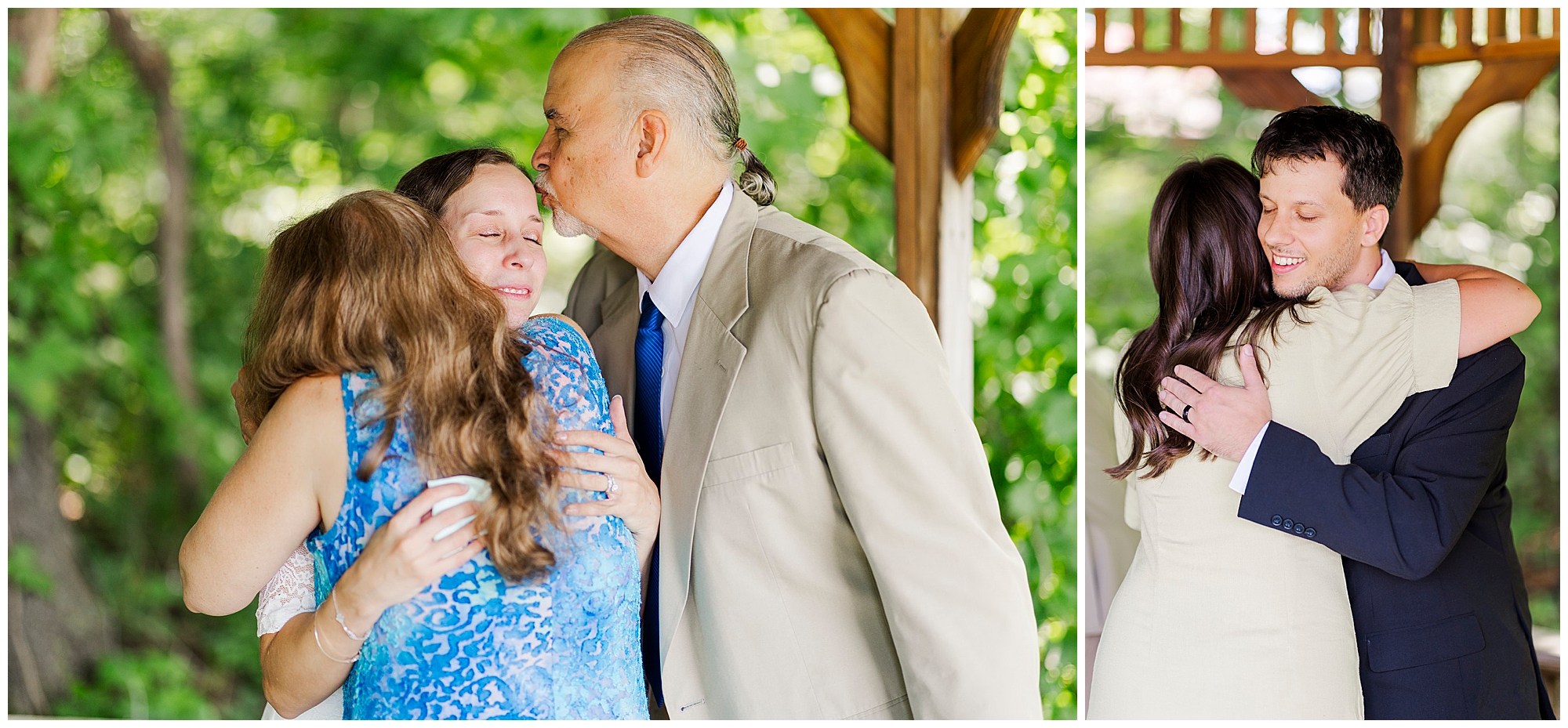 Two photos: On the left, three people share a group hug, one being kissed on the head by a man in a suit—a moment filled with joy at their Wappingers Falls Town Hall elopement. On the right, two people embrace under a wooden structure with greenery in the background.