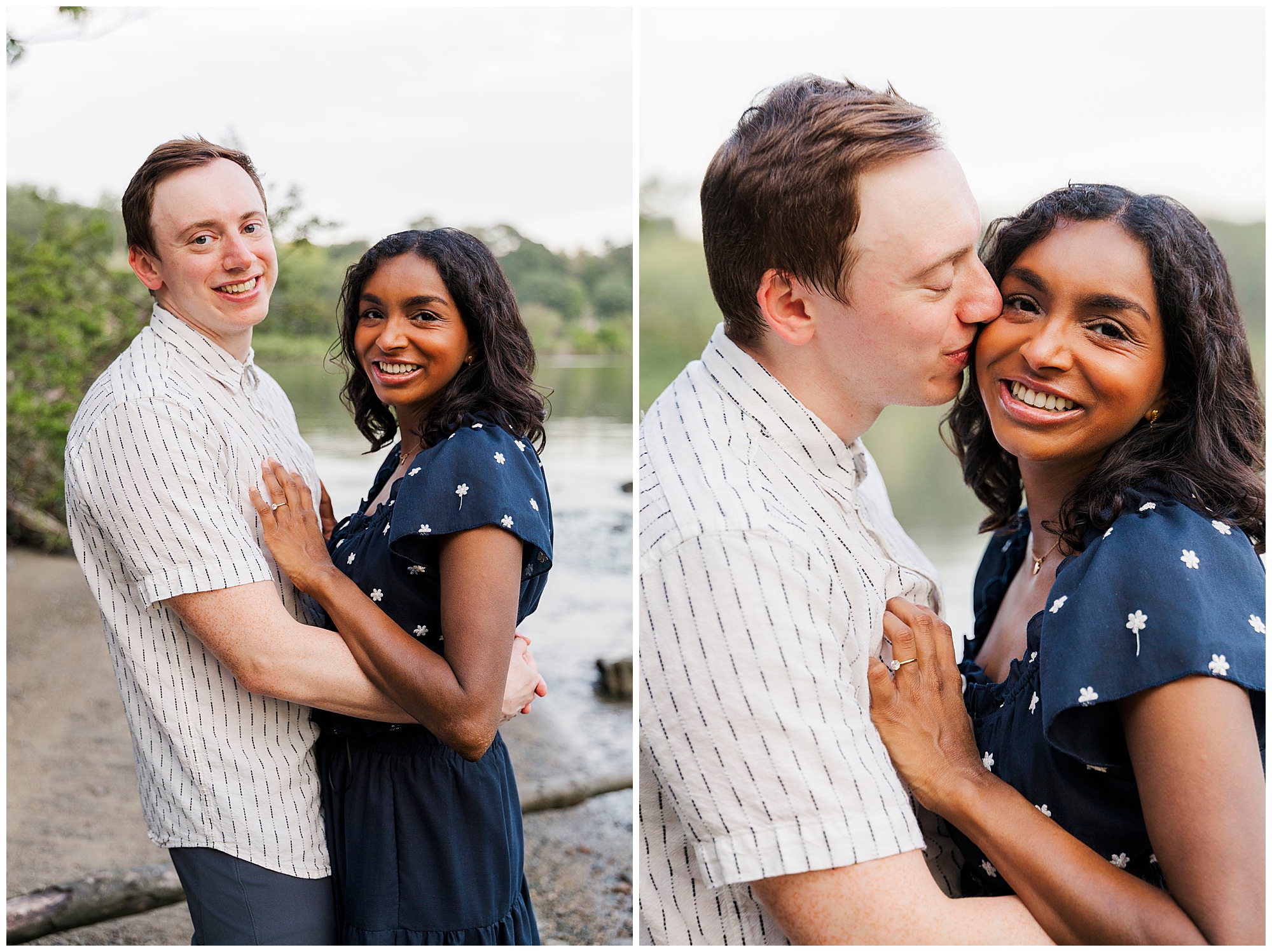 A smiling couple embraces by a lakeside during their Cold Spring engagement shoot. In one photo, they look at the camera; in the other, the man kisses the woman’s cheek as she smiles, showing an engagement ring.