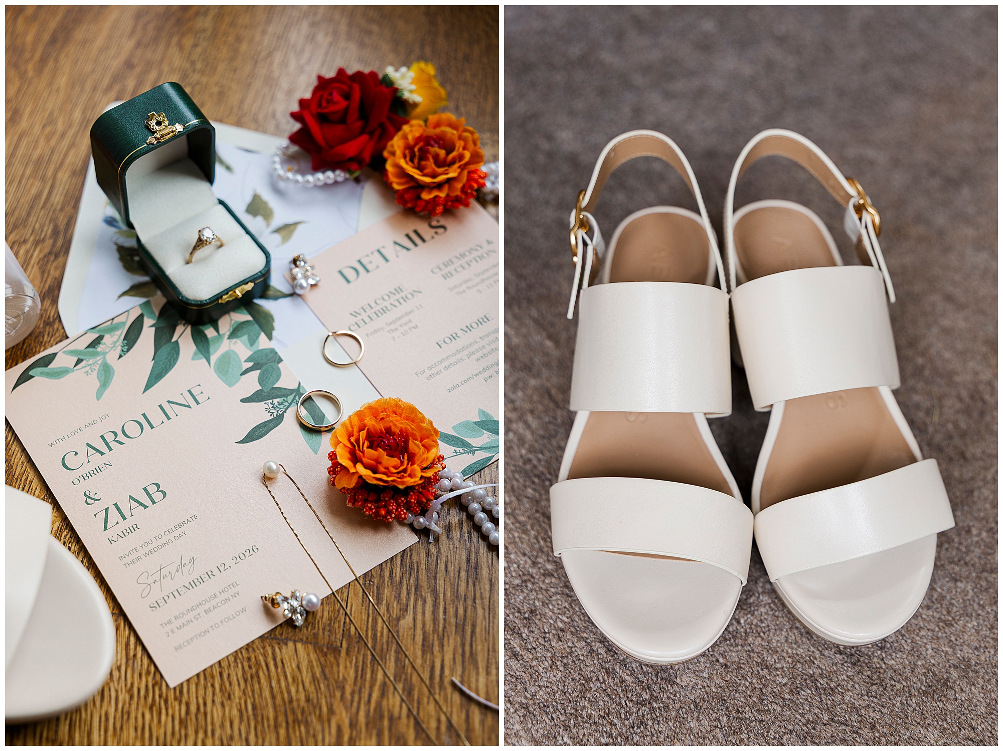 A wedding invitation, rings, flowers, and jewelry on a table are shown on the left; on the right, a pair of white sandals rests on a carpet—capturing the intimate details often highlighted in roundhouse wedding photos.