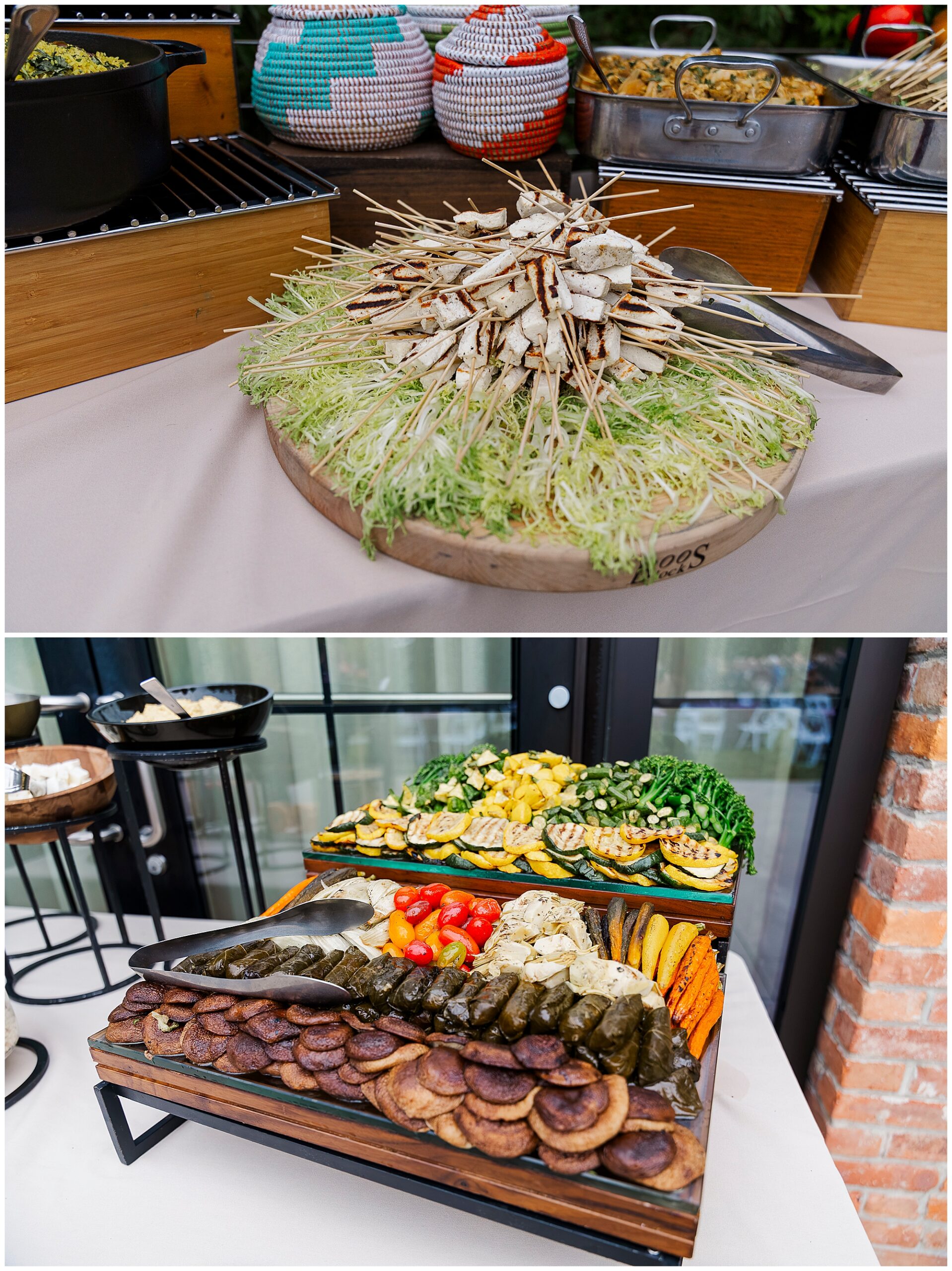 Top: Wooden platter with skewered appetizers on a bed of greens, reminiscent of the elegant displays seen in roundhouse wedding photos. Bottom: Display of assorted vegetables, stuffed grape leaves, and other appetizers on wooden trays. Both are set on a buffet table.