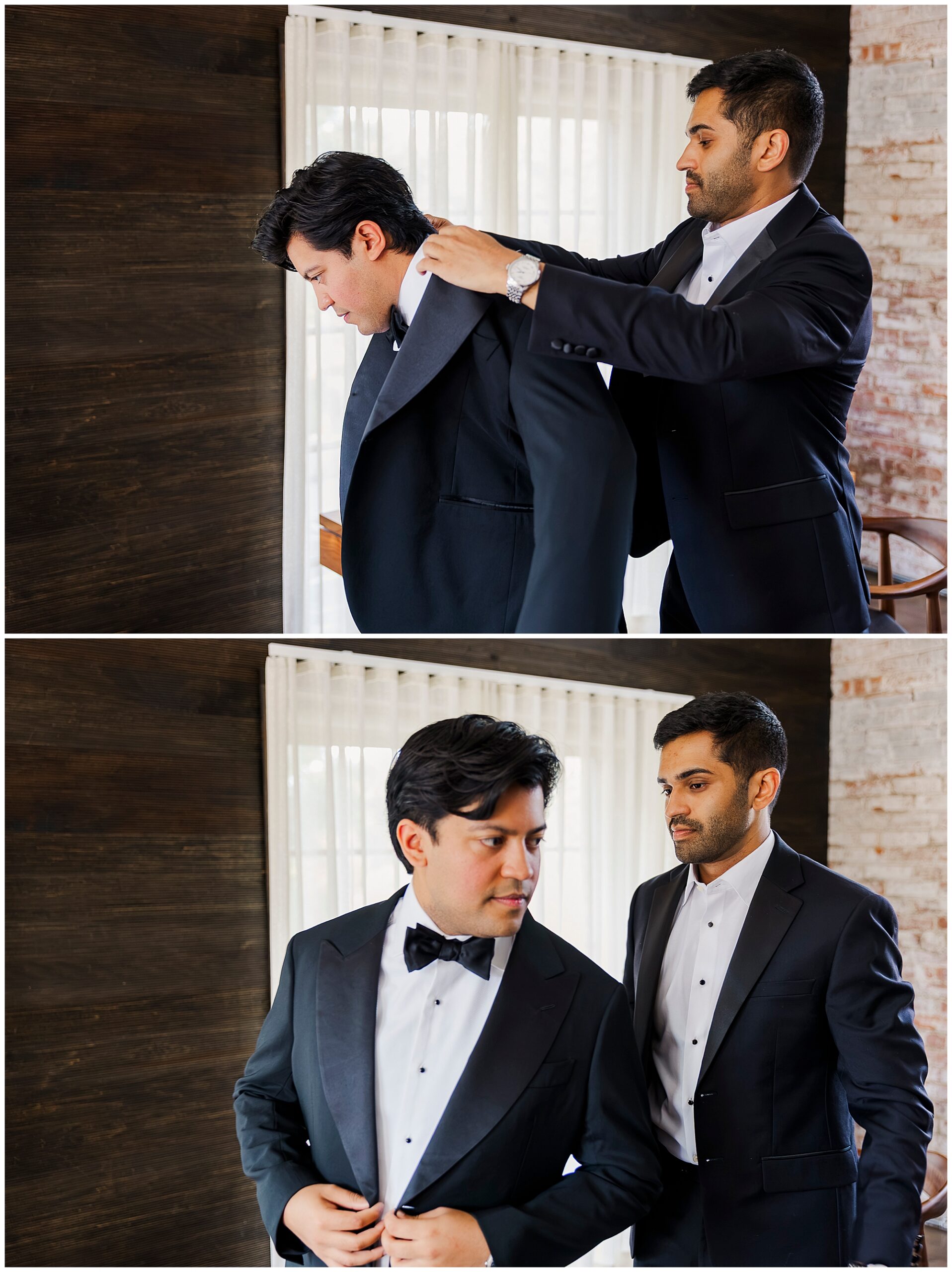 Two men in tuxedos stand indoors. In the first image, one helps the other put on a jacket. In the second, the man adjusts his bow tie while the other stands beside him. Light filters through sheer curtains behind them, perfectly capturing the elegant atmosphere of classic roundhouse wedding photos.