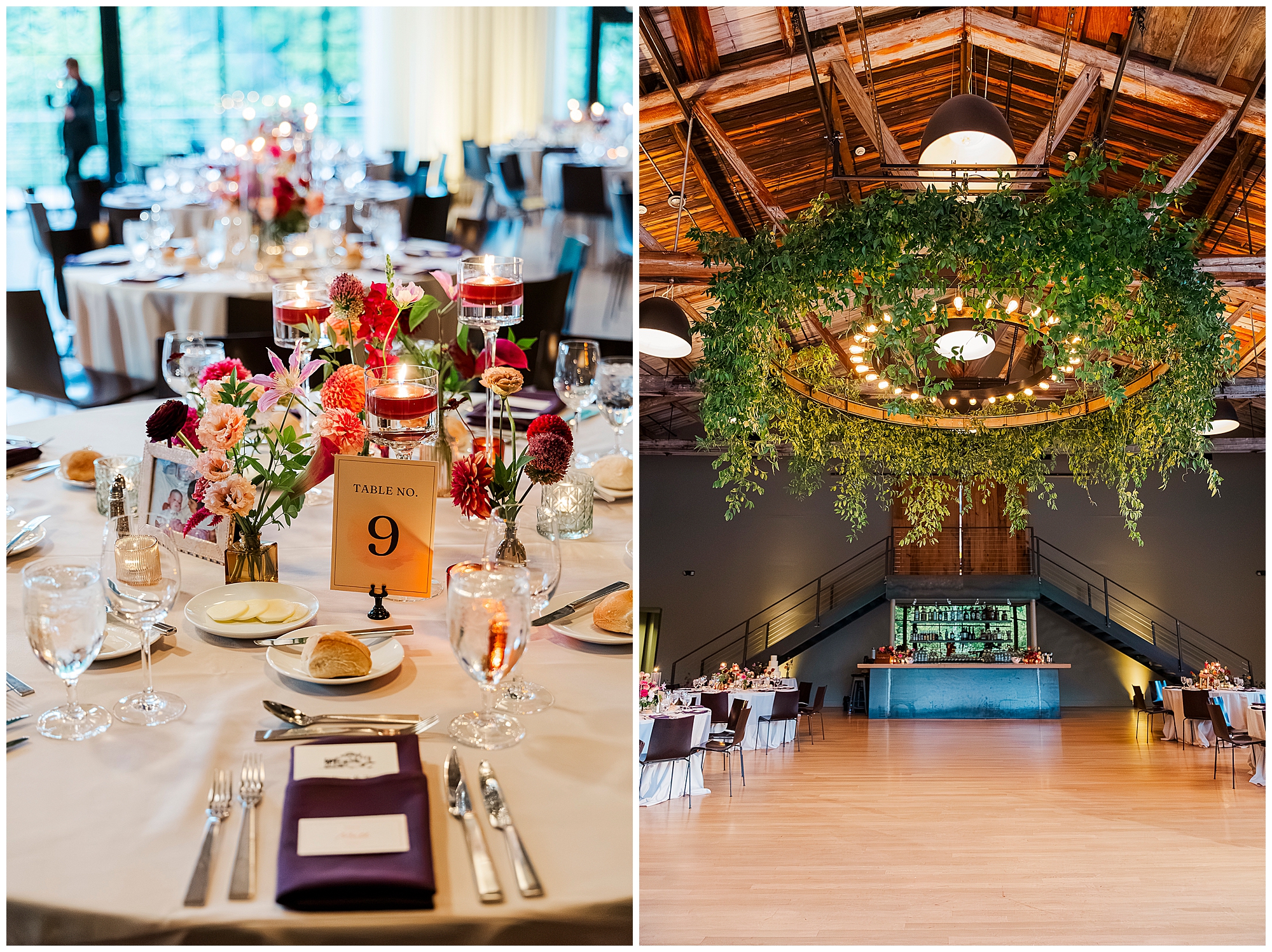 Elegant wedding reception setup: close-up of a round table with floral centerpieces and candles on the left, reminiscent of timeless roundhouse wedding photos, with a spacious hall featuring a greenery chandelier and decorated tables on the right.