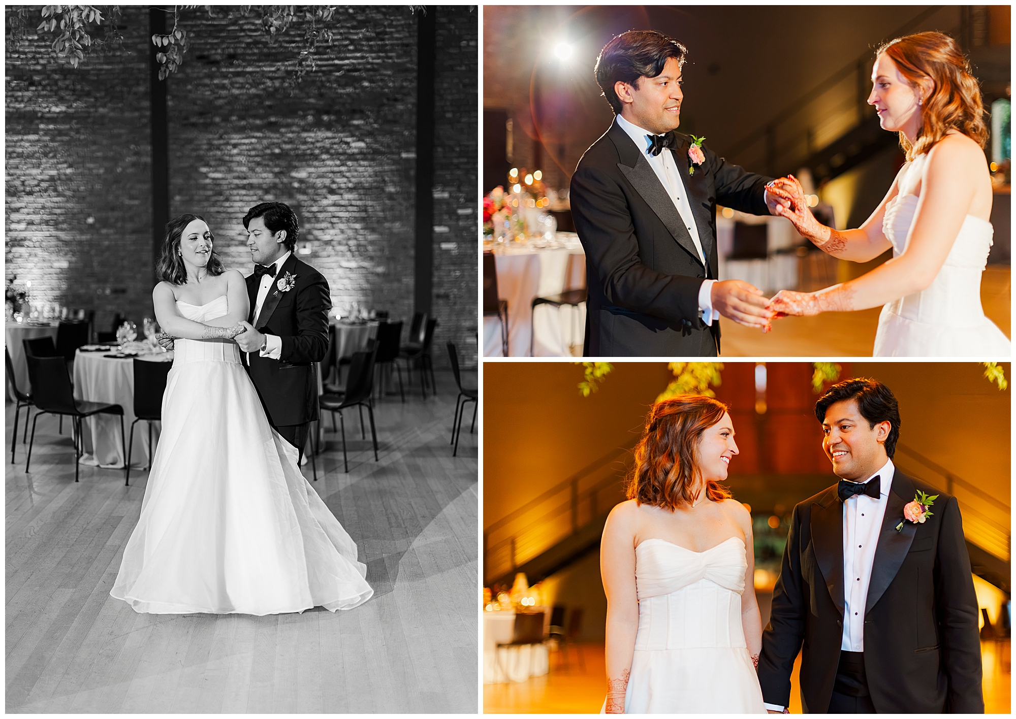 A bride and groom, dressed formally, share their first dance in a warmly lit reception hall, smiling and holding hands on the dance floor—the perfect scene for timeless roundhouse wedding photos.