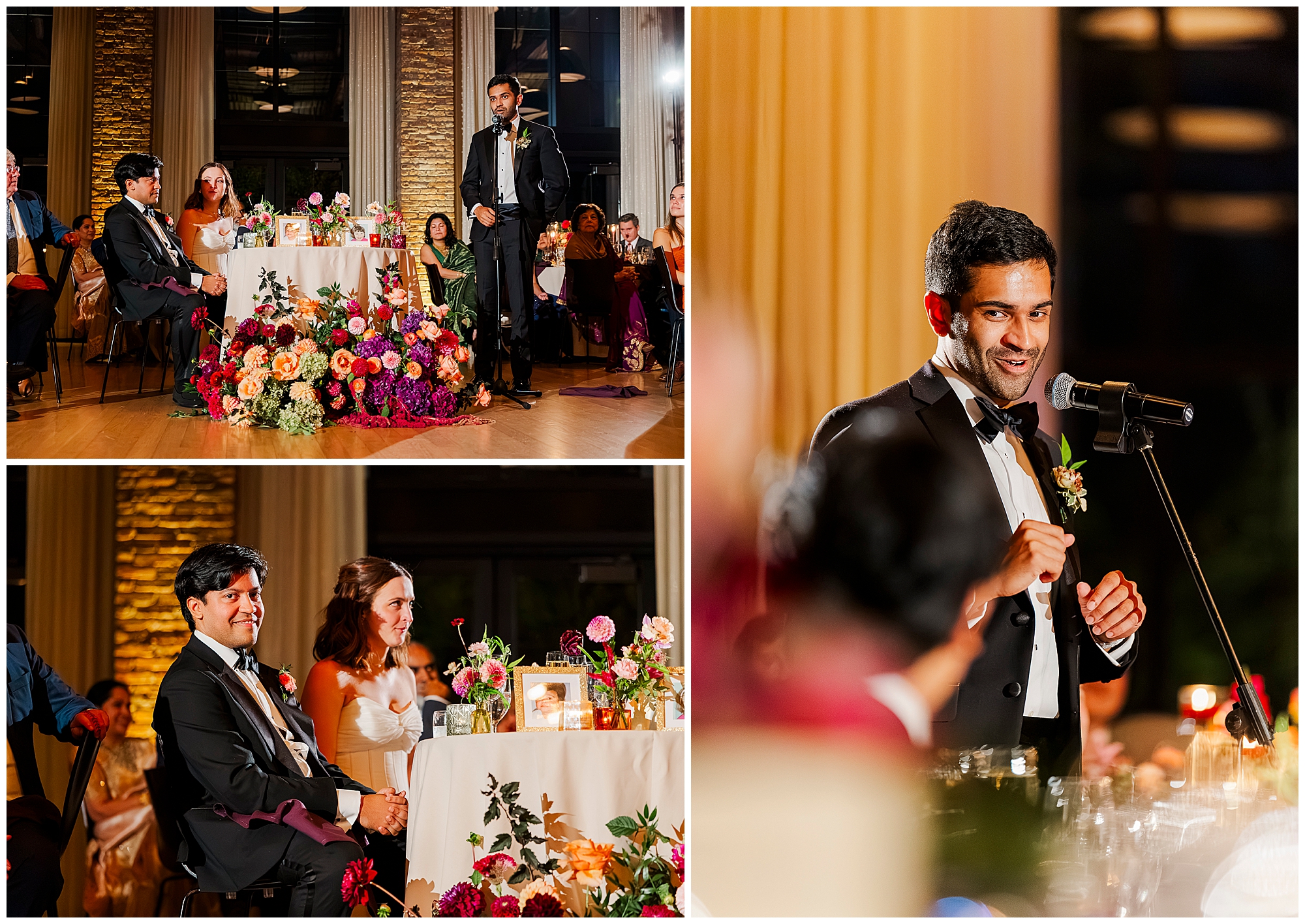 A man in a tuxedo gives a speech at a wedding reception, while the bride and groom smile and listen at a flower-adorned table, surrounded by guests in a warmly lit venue—capturing the joy and elegance often seen in roundhouse wedding photos.