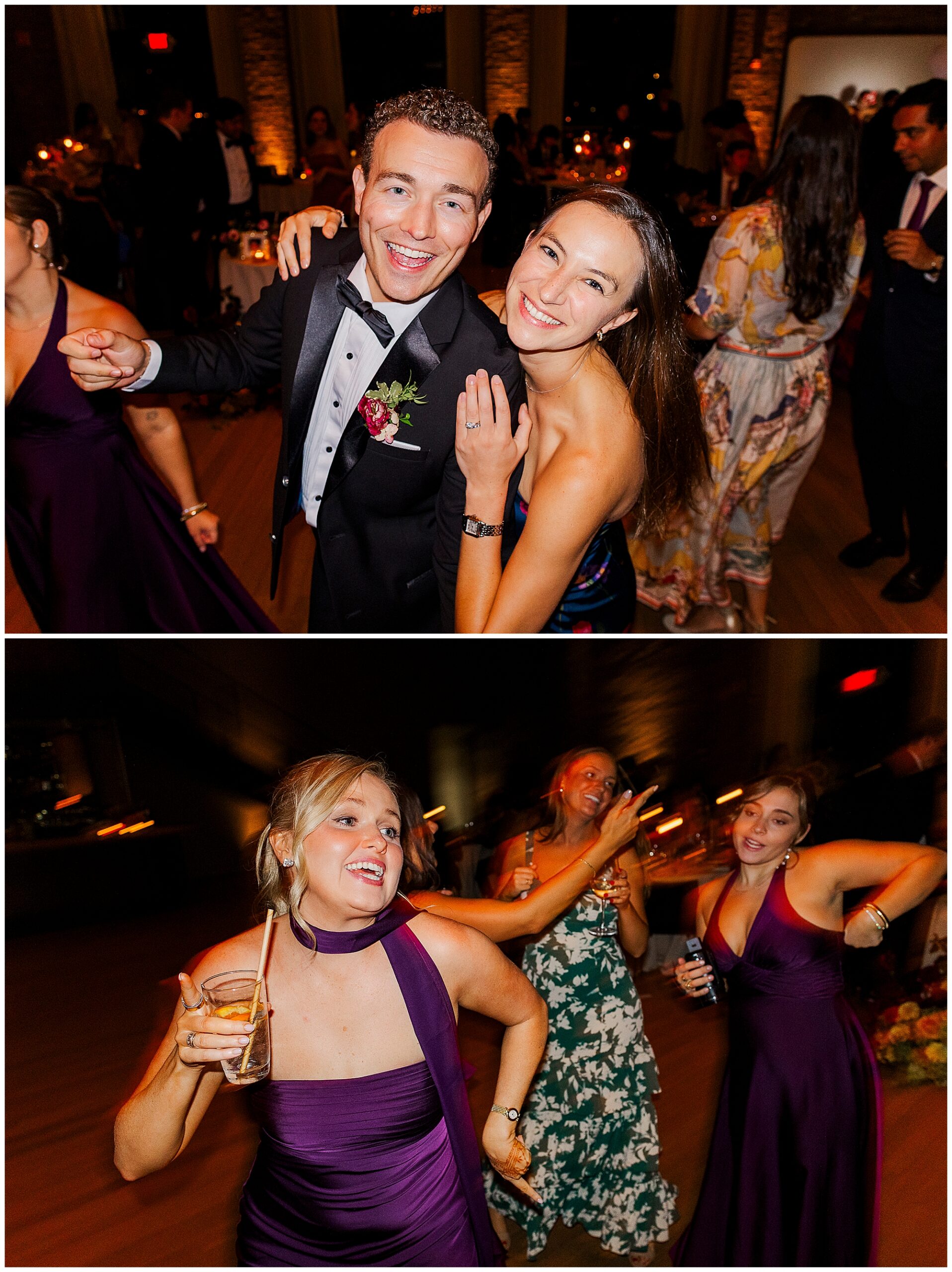Top: A smiling man in a tuxedo and a woman in a purple dress pose at a party, capturing the joyful spirit seen in many roundhouse wedding photos. Bottom: Three women, two in purple and one in green, dance and smile while holding drinks at the same event.