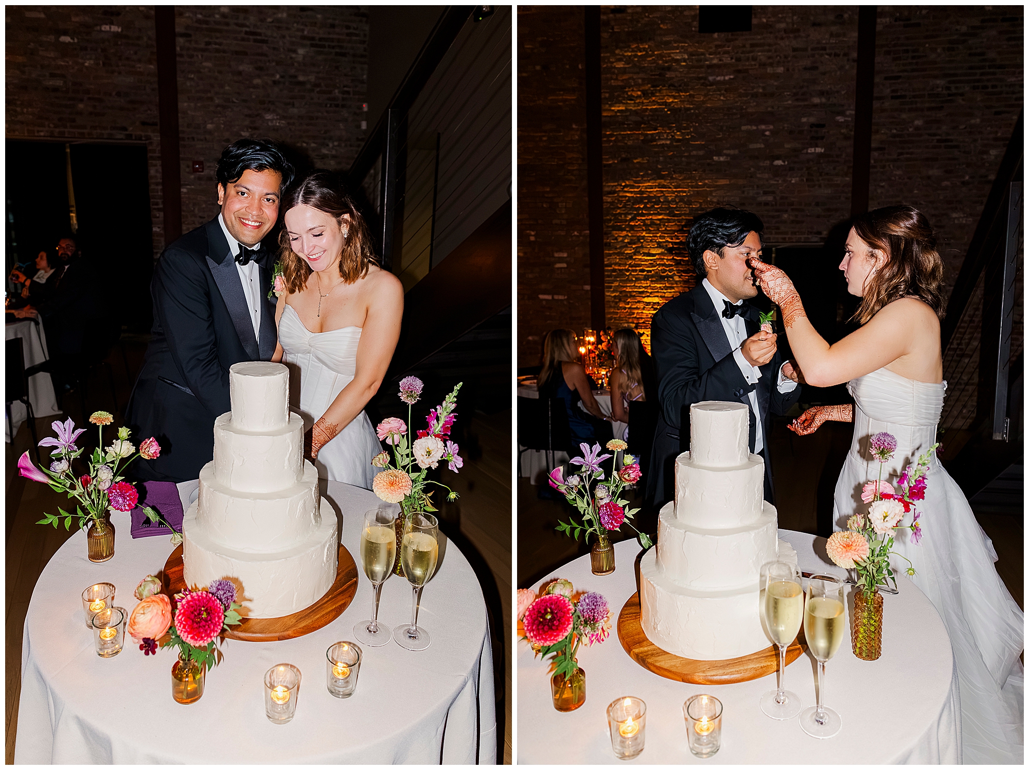 A bride and groom, both in formal attire, cut a white tiered wedding cake together, then feed each other cake, smiling. The table is decorated with flowers, candles, and champagne glasses—capturing the romantic joy found in classic roundhouse wedding photos.