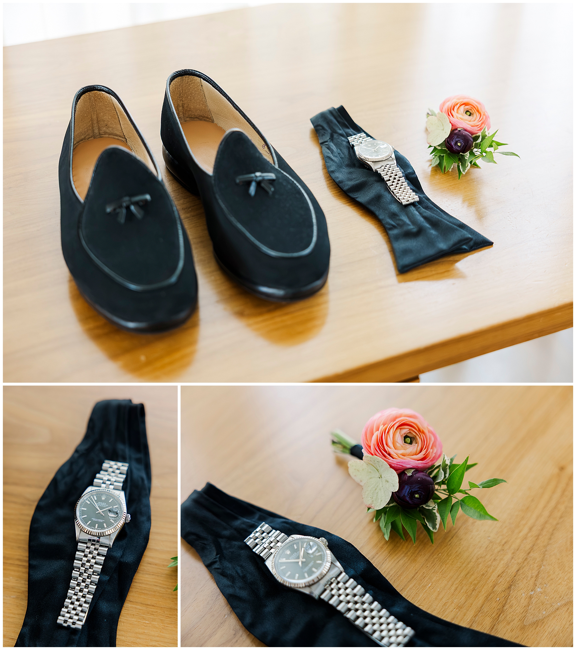 Black dress shoes, a wristwatch on a black cloth, and a small bouquet with orange and purple flowers are arranged neatly on a wooden surface, capturing the elegant details often featured in roundhouse wedding photos.