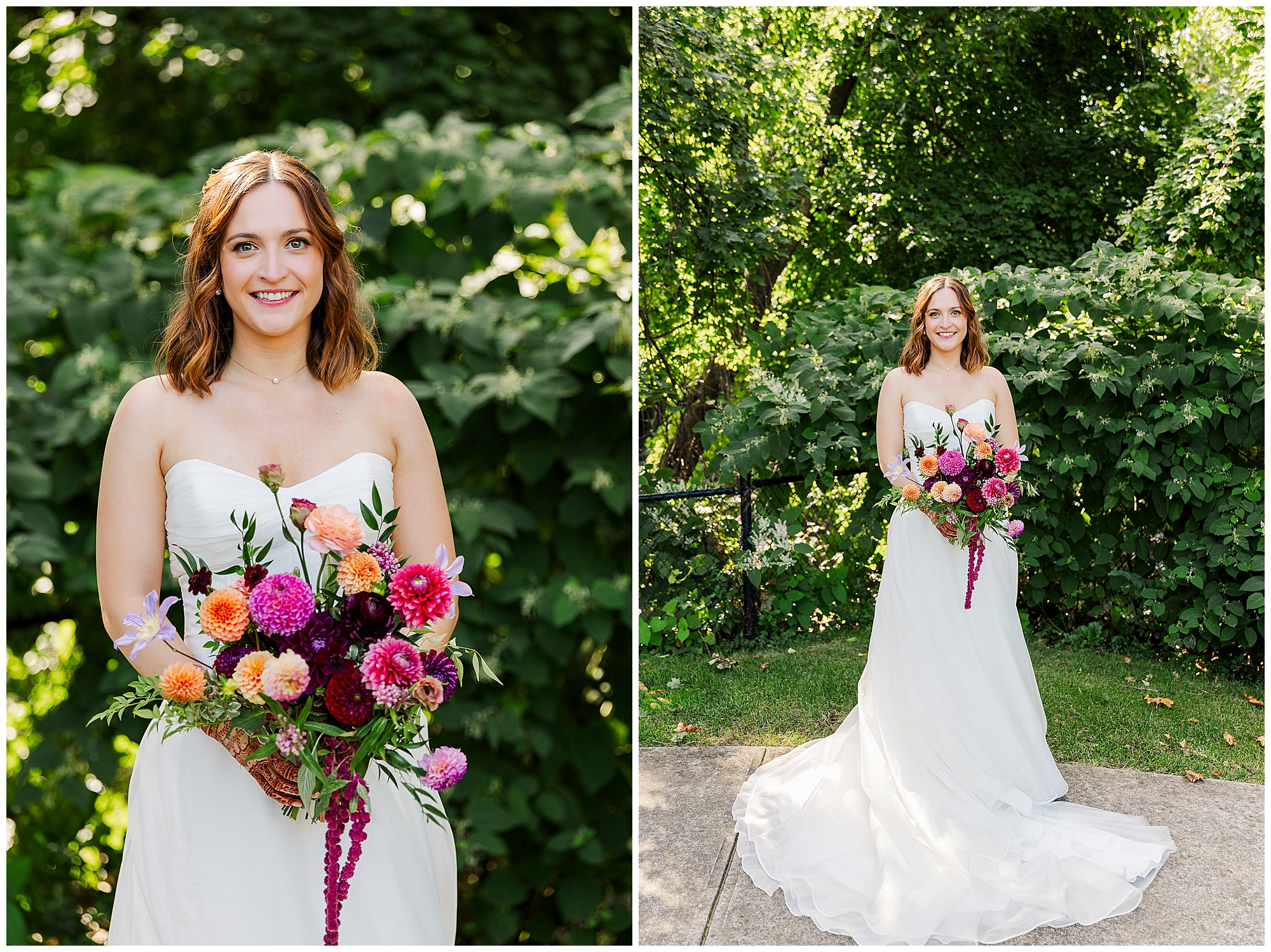 A bride in a strapless white gown holds a colorful bouquet of flowers. She stands outdoors in front of lush green foliage, smiling at the camera—one of many stunning roundhouse wedding photos capturing moments filled with joy and natural beauty.