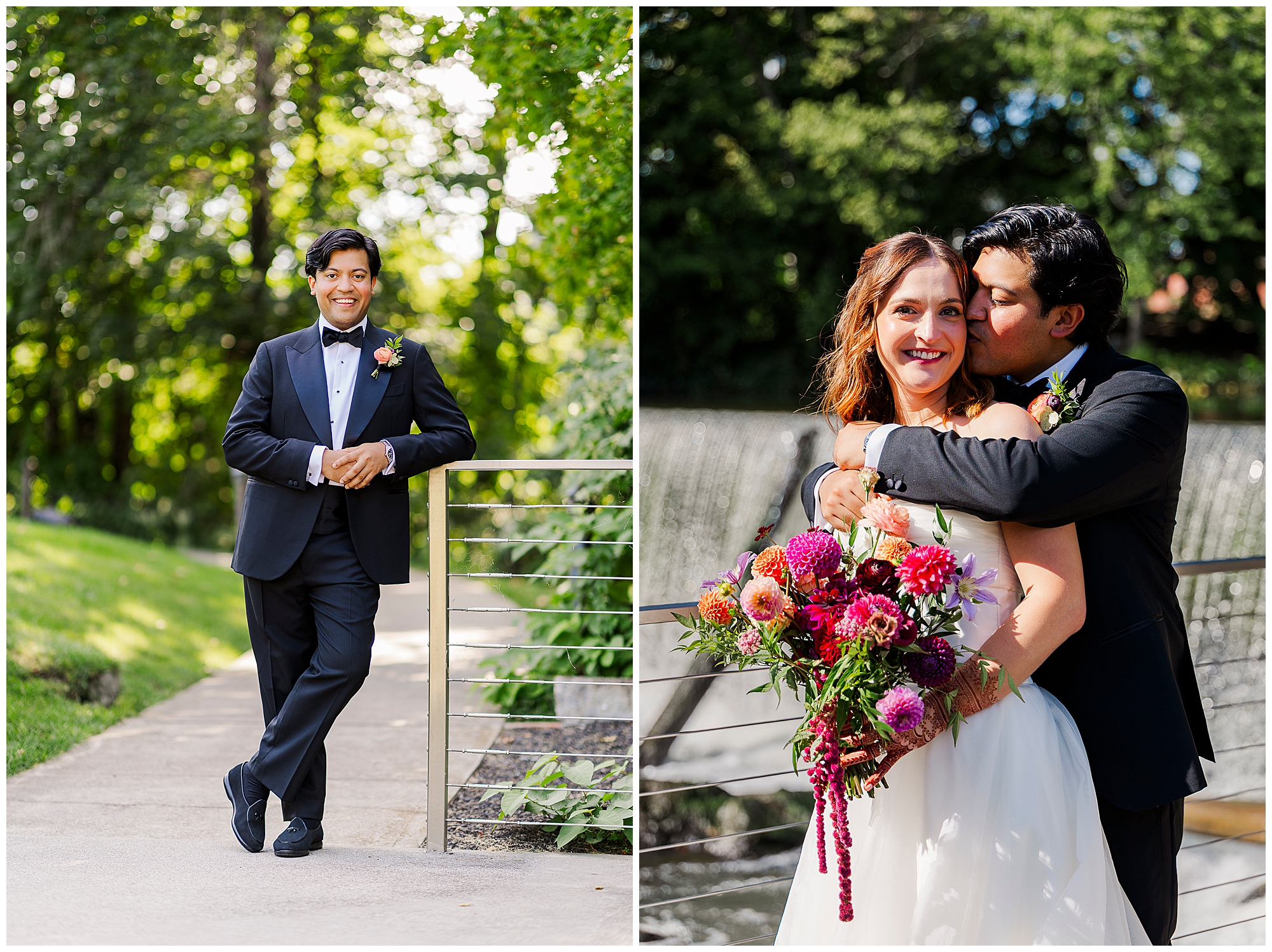Split image: On the left, a groom in a tuxedo leans on a railing outdoors. On the right, he embraces a smiling bride holding a colorful bouquet, lush greenery behind them—a stunning moment captured in roundhouse wedding photos.