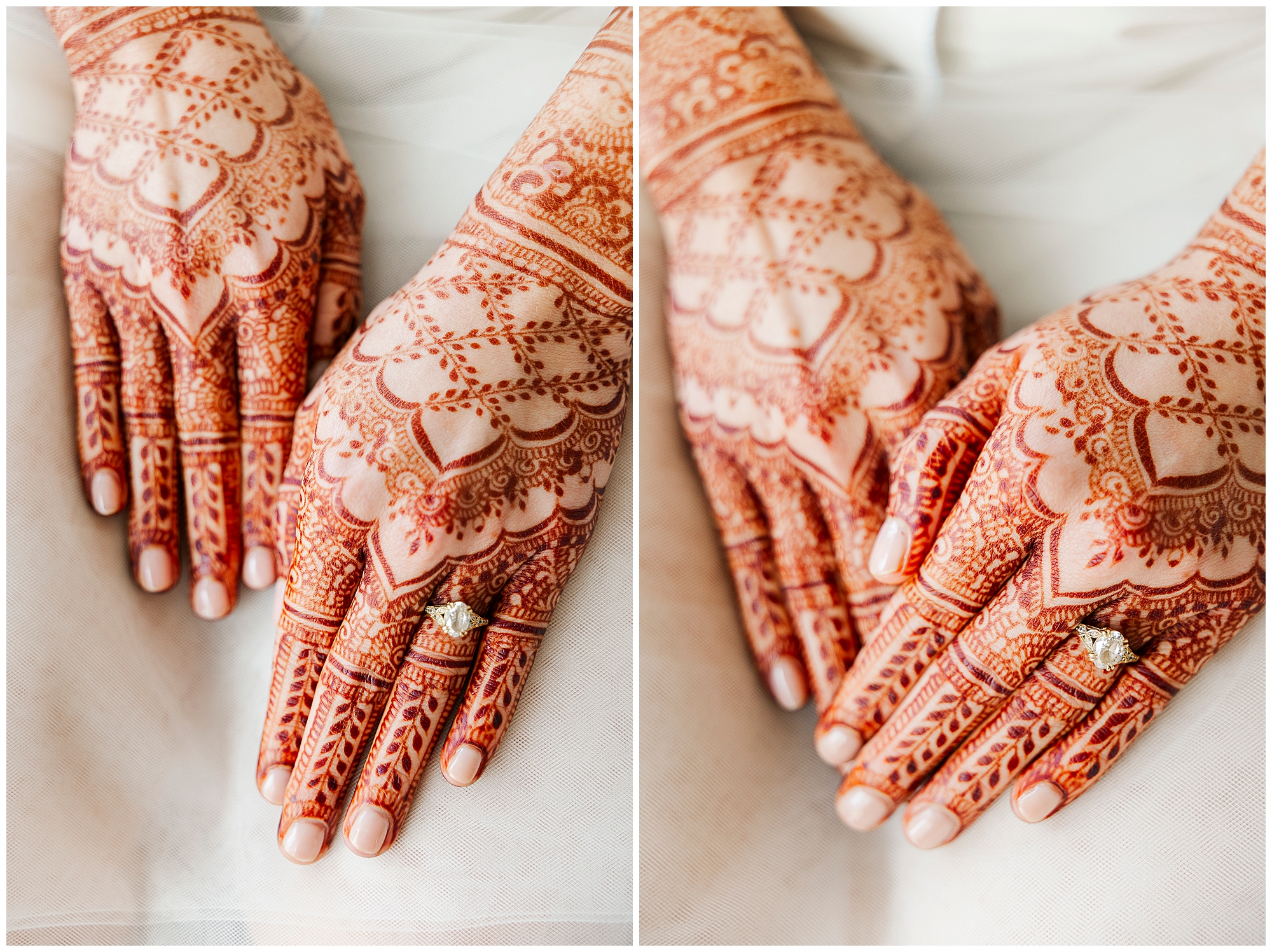 Two close-up views of hands adorned with intricate henna designs, featuring a diamond ring on one finger. Perfect for roundhouse wedding photos, the patterns cover the palms and fingers, showcasing detailed and symmetrical artwork.
