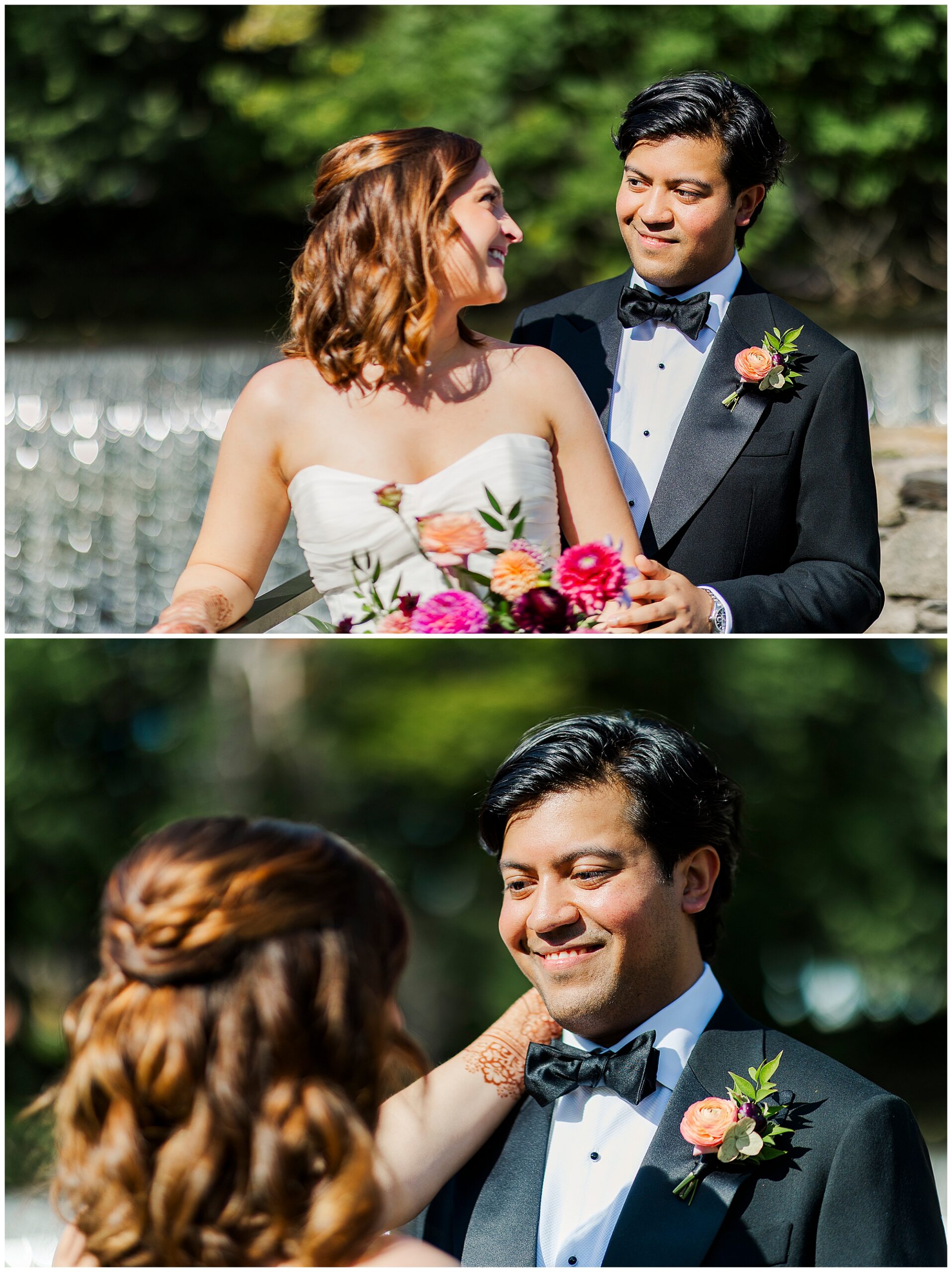 Two roundhouse wedding photos of a bride and groom outdoors. The bride holds a bouquet and smiles at the groom. Both wear formal attire with floral details, looking happy and lovingly into each other’s eyes.