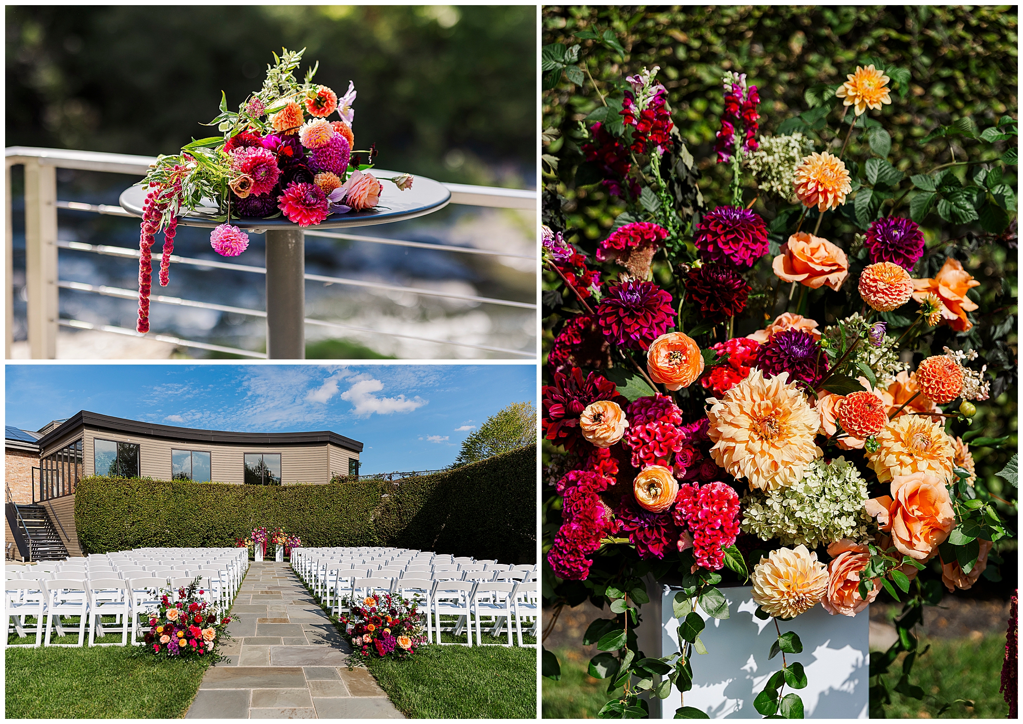 Three images of a vibrant outdoor wedding setup at the Roundhouse capture white chairs, a stone aisle, and colorful floral arrangements with dahlias, roses, and greenery in shades of pink, orange, and red—perfect inspiration for stunning roundhouse wedding photos.