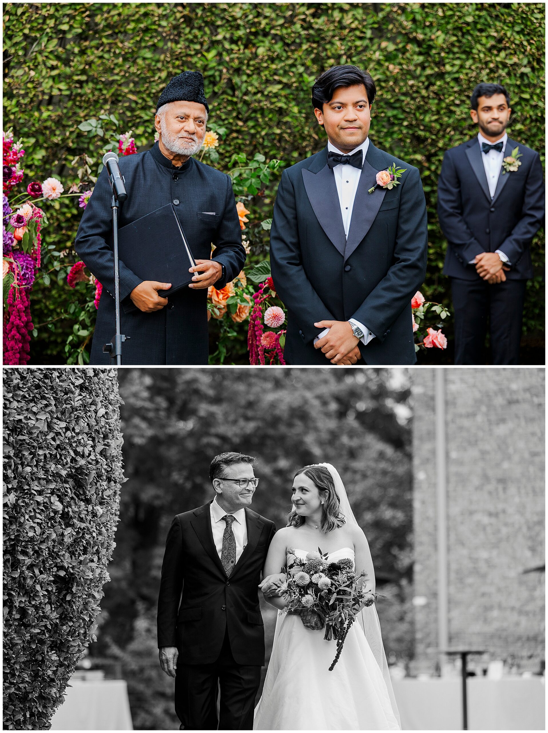 Top: Three men in suits stand in front of flowers and greenery, capturing a timeless moment reminiscent of elegant roundhouse wedding photos. Bottom: A smiling bride in a wedding dress walks beside a man in a suit, holding a bouquet, with a blurred outdoor background.