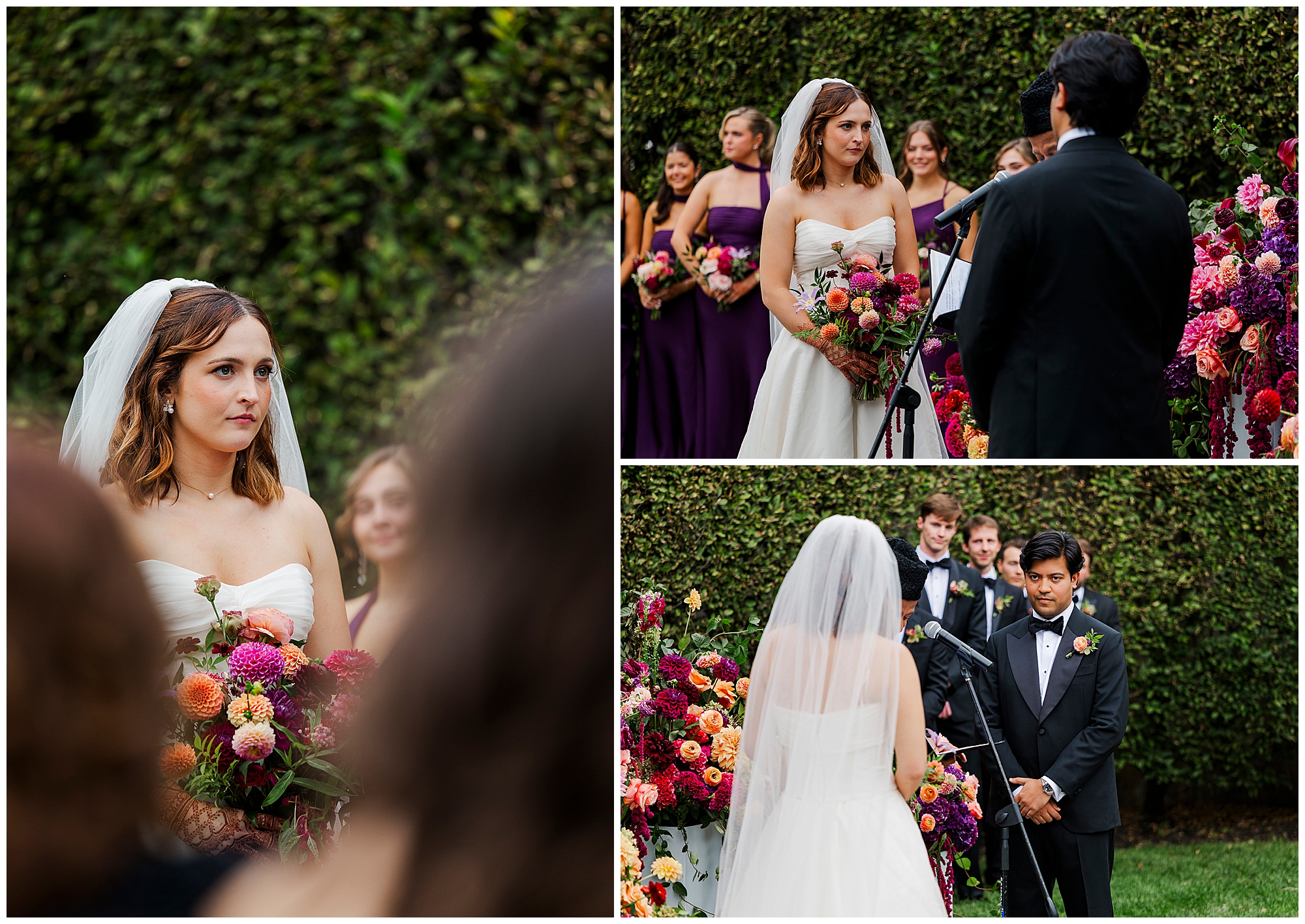 A bride and groom stand facing each other during an outdoor roundhouse wedding ceremony, surrounded by bridesmaids in purple dresses and vibrant floral arrangements—perfect moments beautifully captured in stunning roundhouse wedding photos.