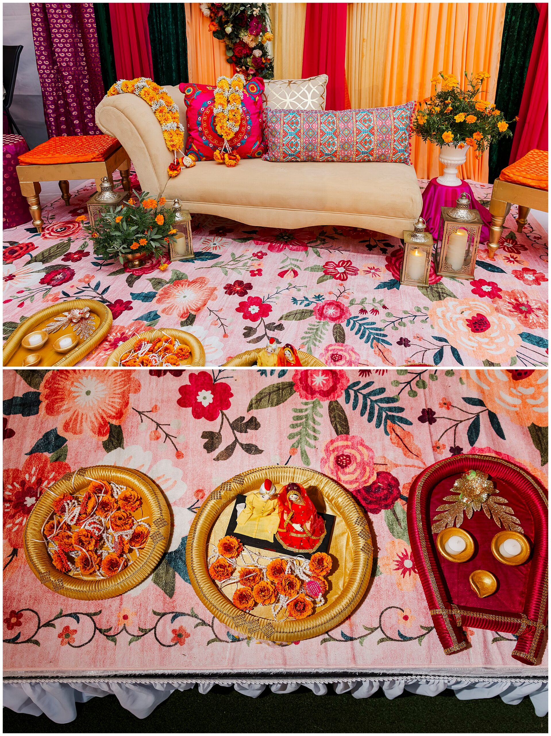 Ceremony decor with a floral rug, colorful cushions on a loveseat, candles and traditional trays of sweets and flower garlands.