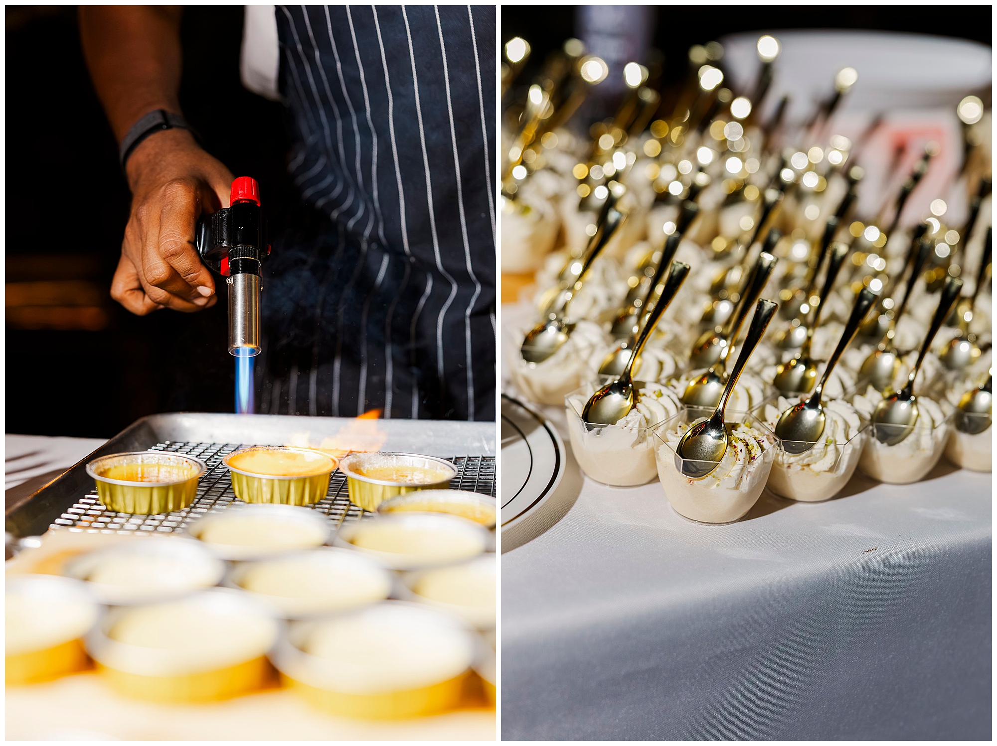 Chef torches creme brulee in small ramekins, beside rows of dessert cups with gold spoons.