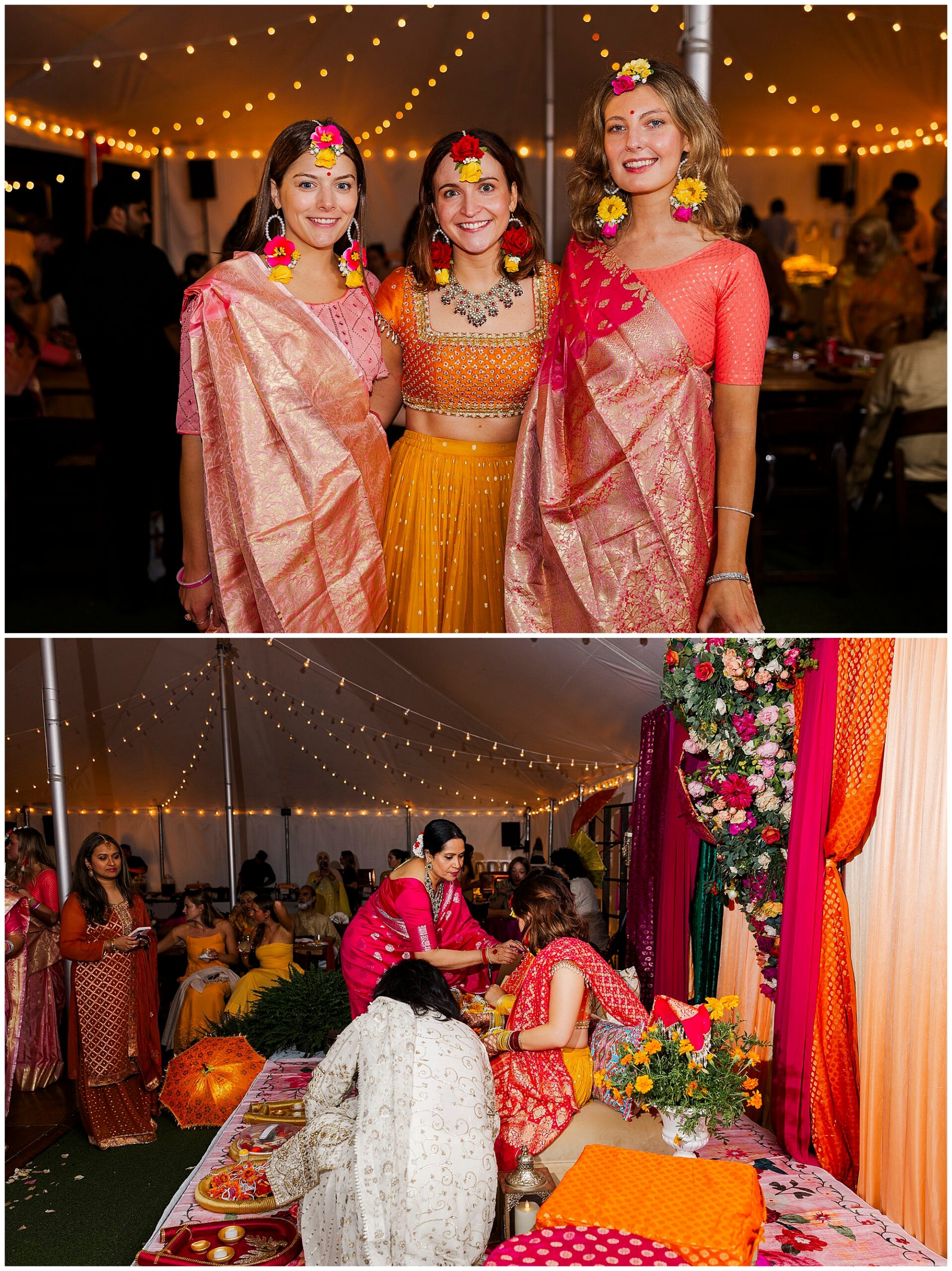 Three women in colorful saris and floral jewelry pose and smile, and women in traditional attire take part in the ceremony.