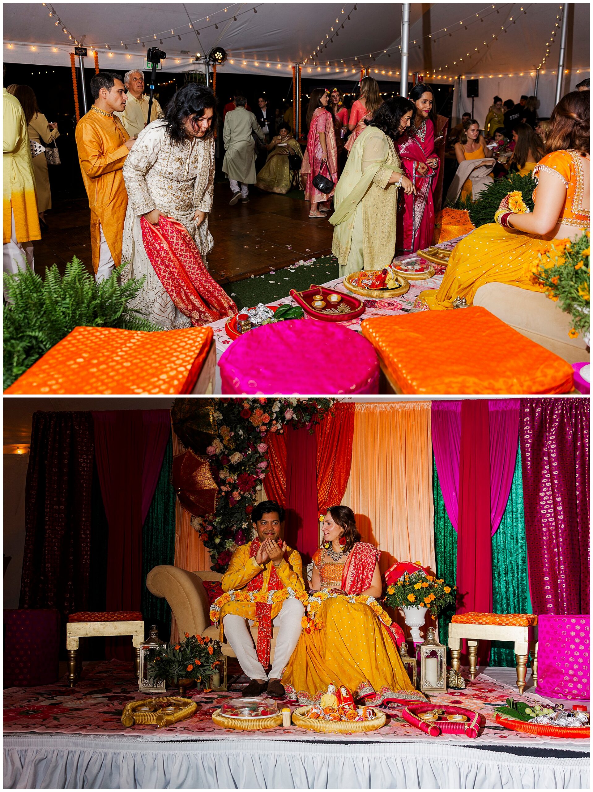 Guests in colorful attire gather near the couple, seated on a stage decorated with bright drapes, flowers and ceremonial plates.