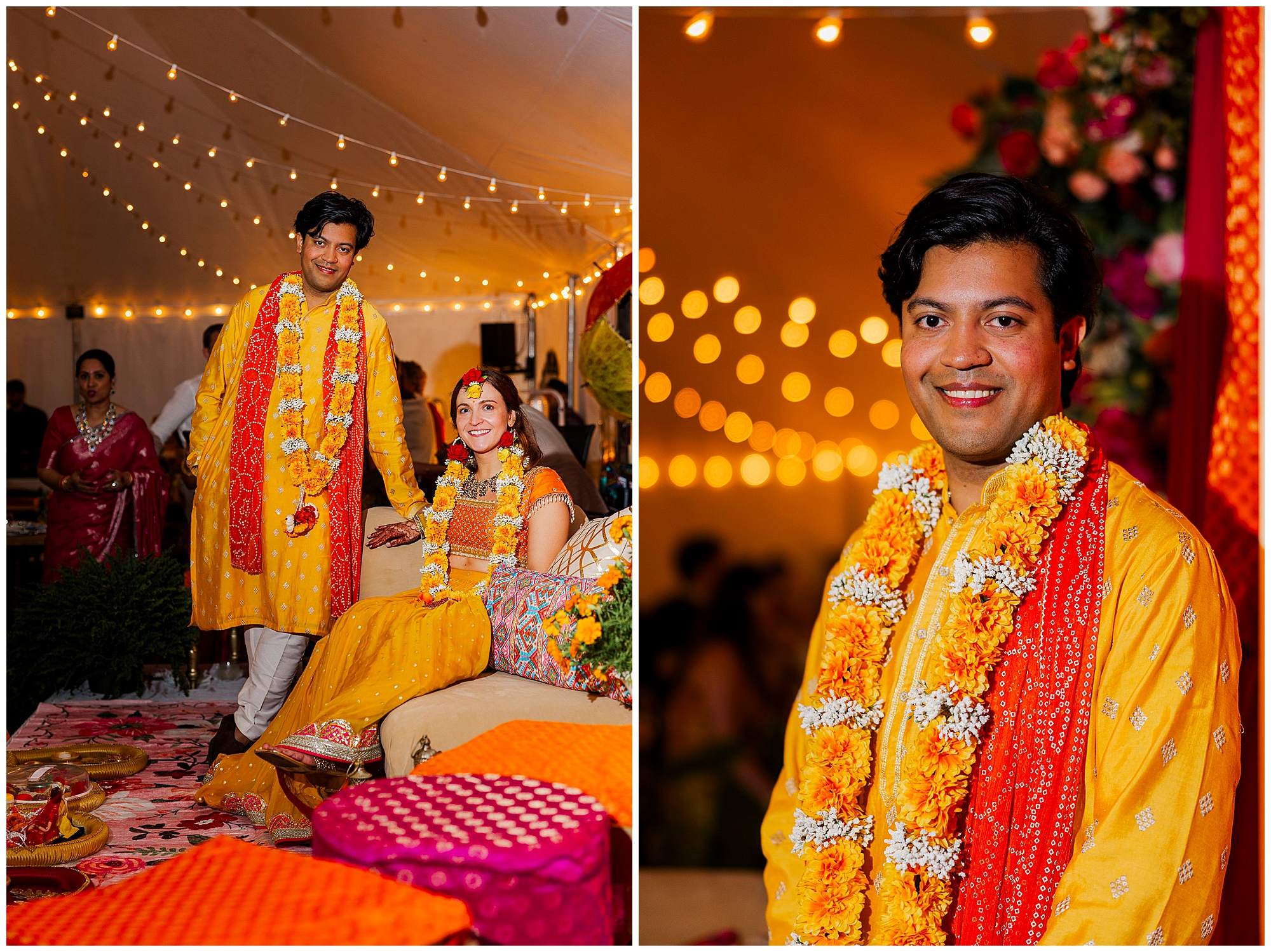 Groom stands beside the seated bride, both in vibrant yellow with marigold garlands, at their welcome party at The Yard.