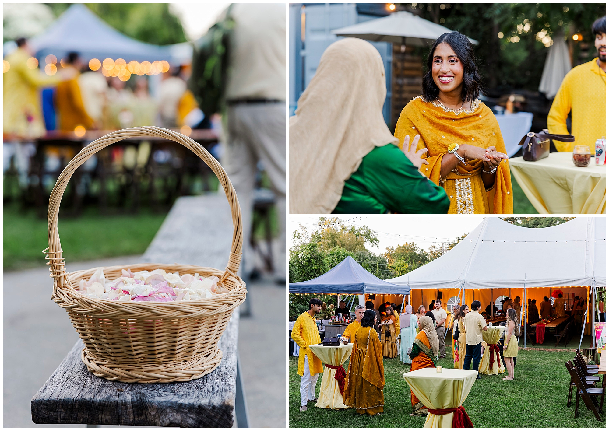 Basket of flower petals, guests chatting in colorful attire, and others mingling under tents with string lights.