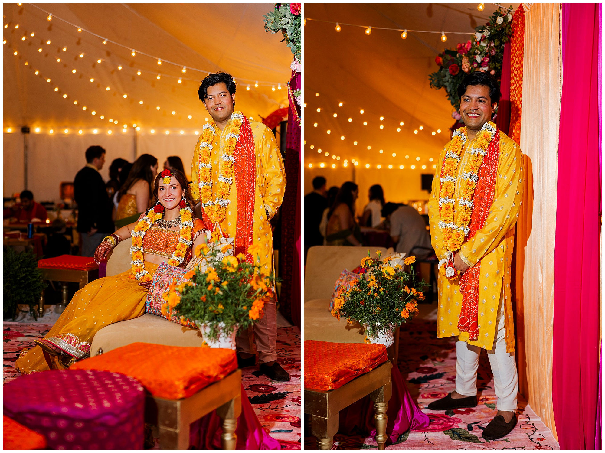 Couple in bright yellow traditional outfits surrounded by flowers and string lights in a tent with orange and pink accents.